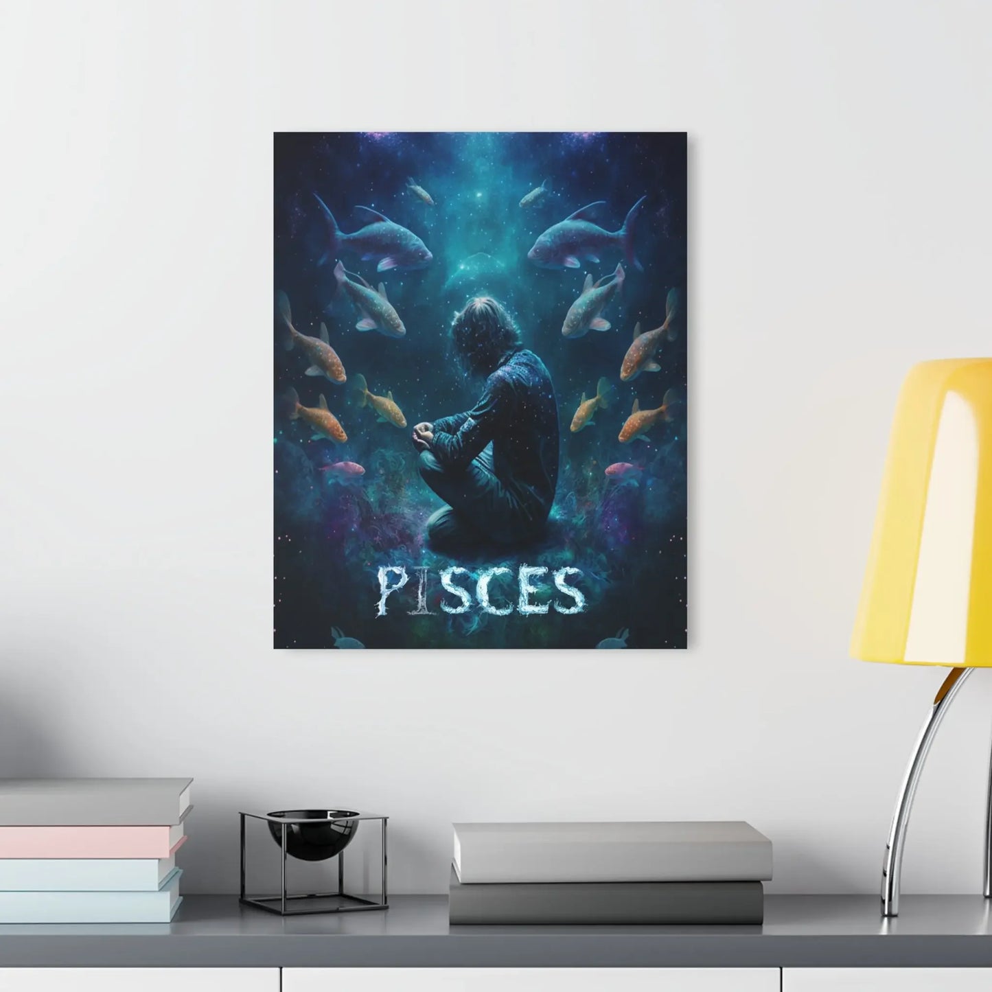 Pisces zodiac art print with meditating figure surrounded by fish in cosmic blue galaxy, spiritual wall decor