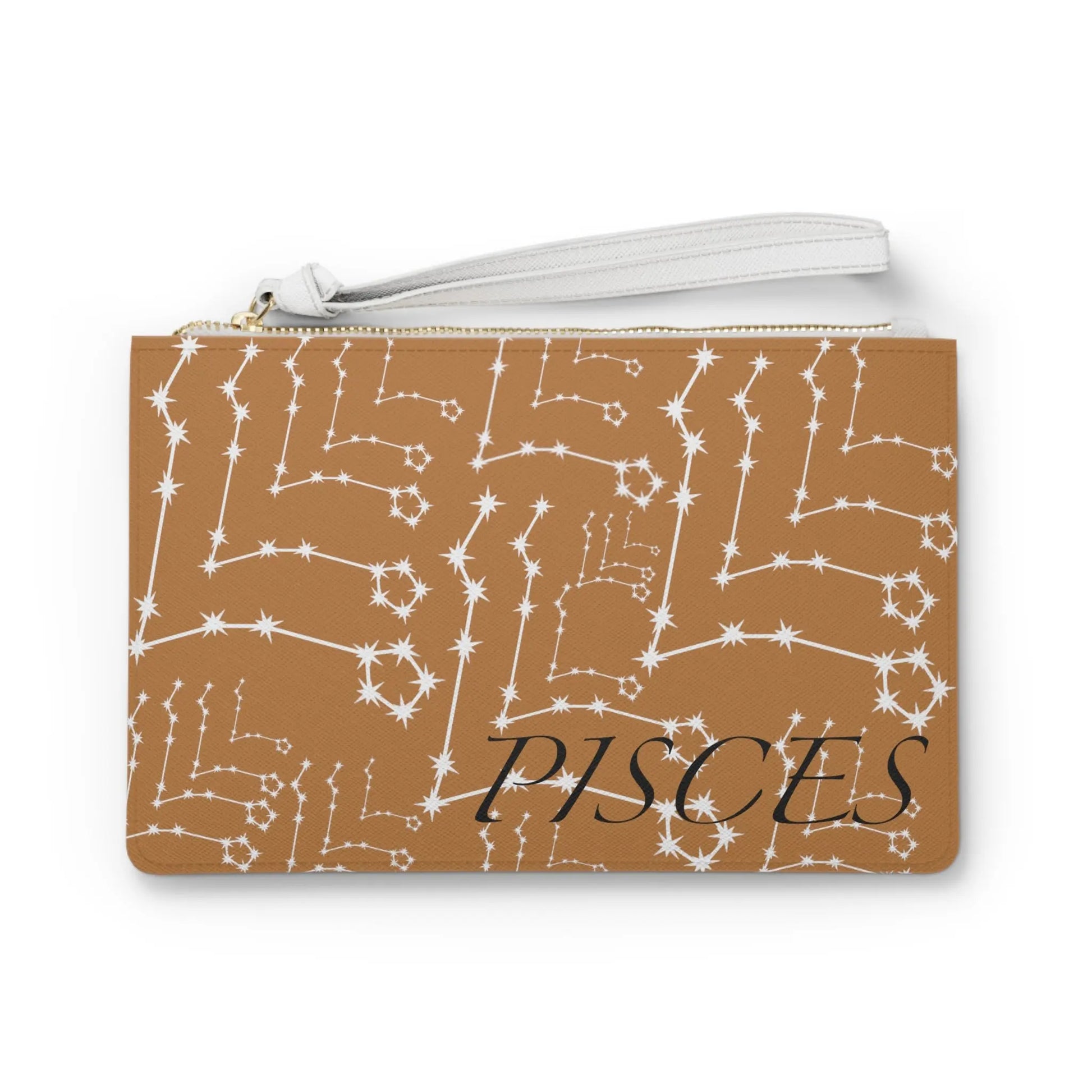 Pisces Zodiac Clutch - Front view of brown vegan leather purse with white constellation print.