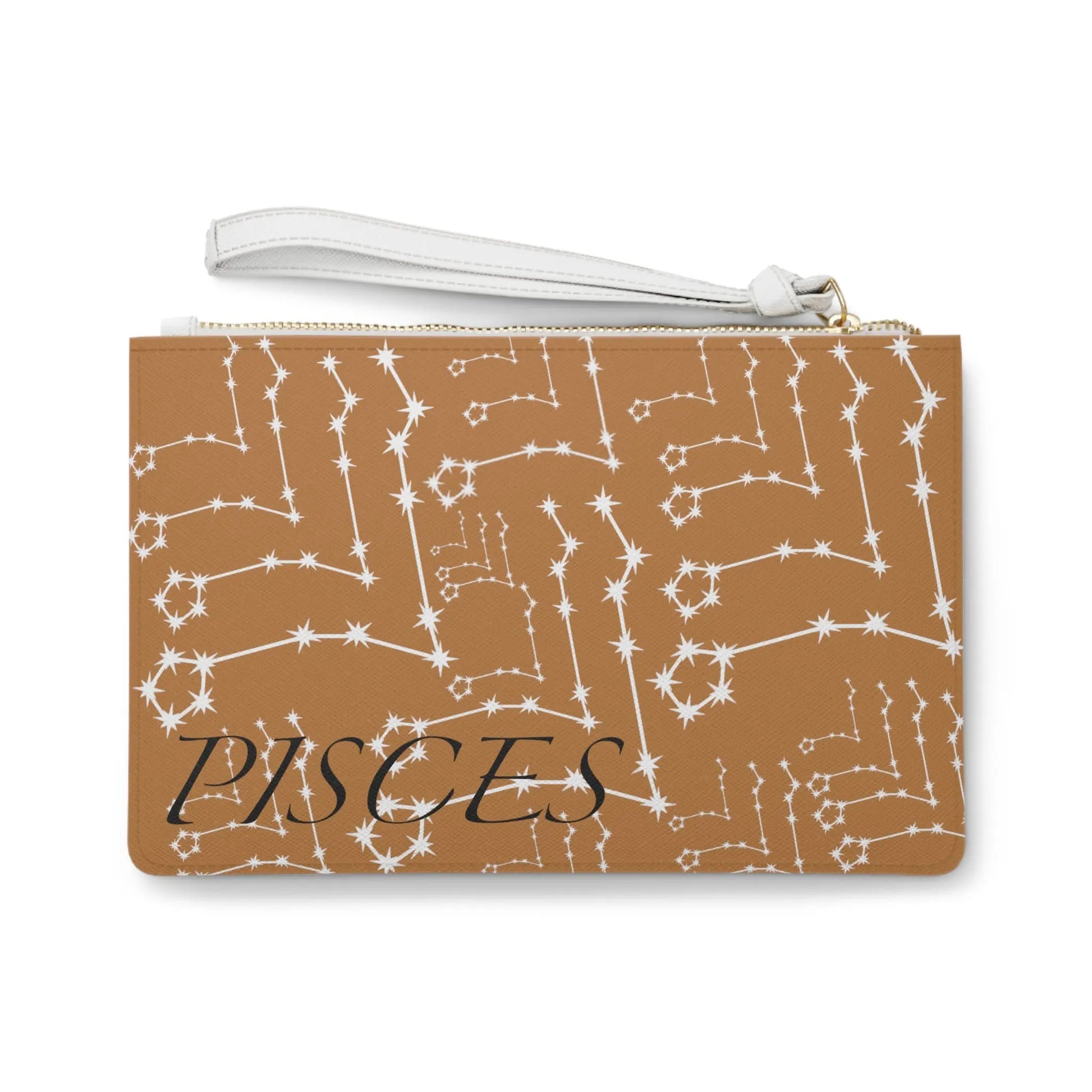 Pisces Zodiac Clutch - Back view of brown vegan leather purse with white constellation print.
