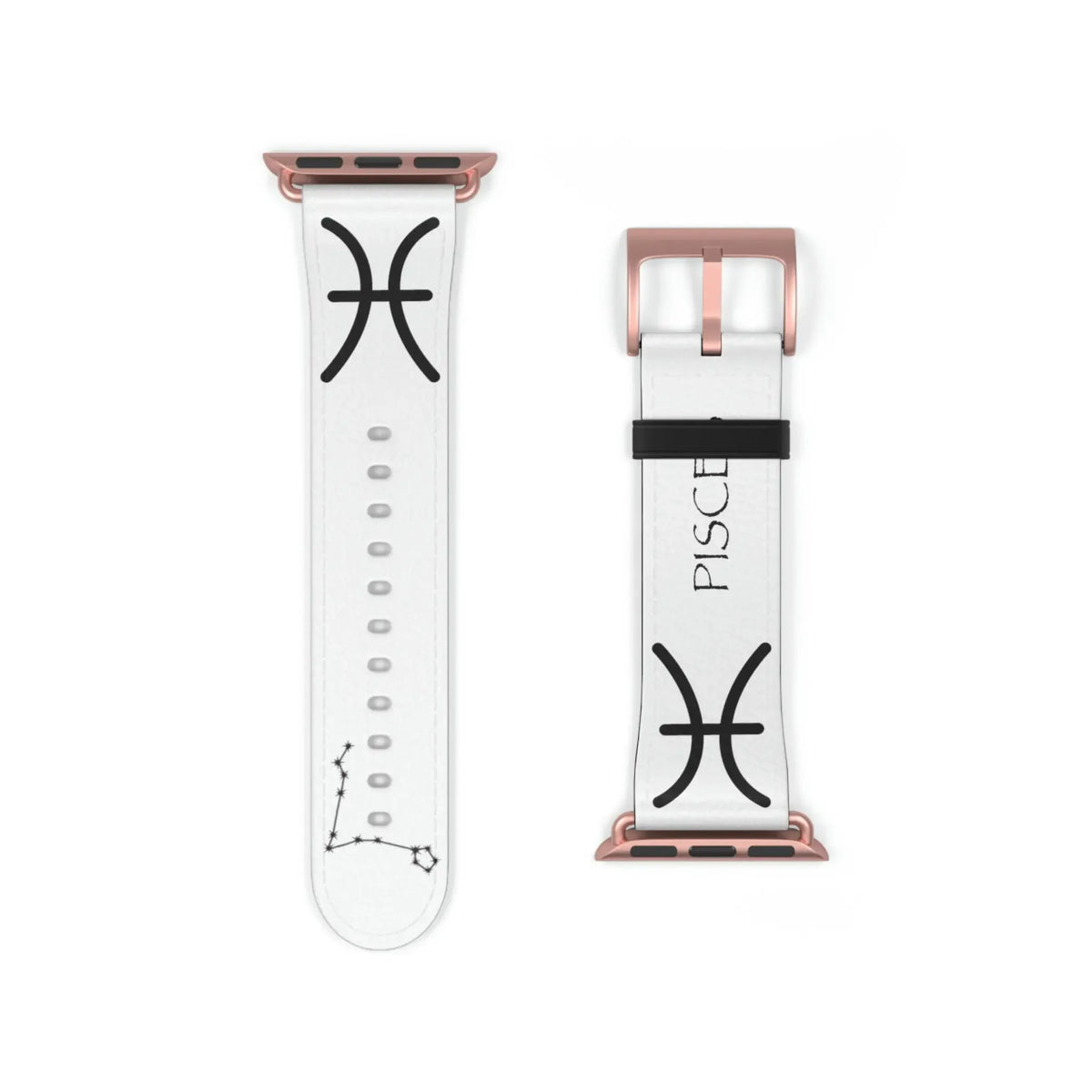 White Pisces zodiac watch band with astrological symbol and constellation, rose gold hardware