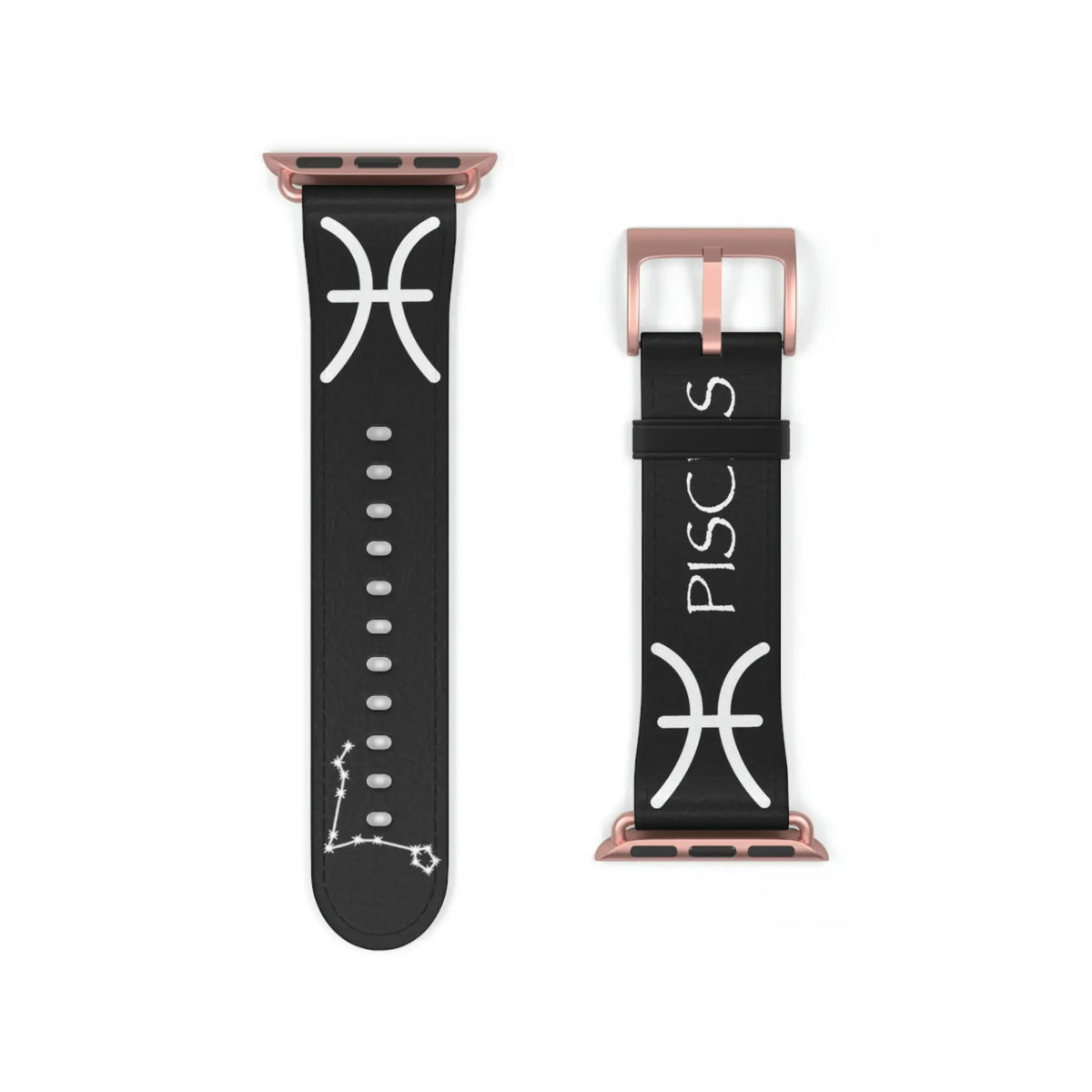Black Apple Watch band with white Pisces zodiac symbol and constellation, rose gold buckle