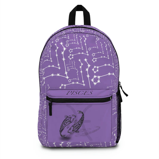 Purple Pisces Zodiac Backpack - Front view showing the constellation print and front pocket emblem.