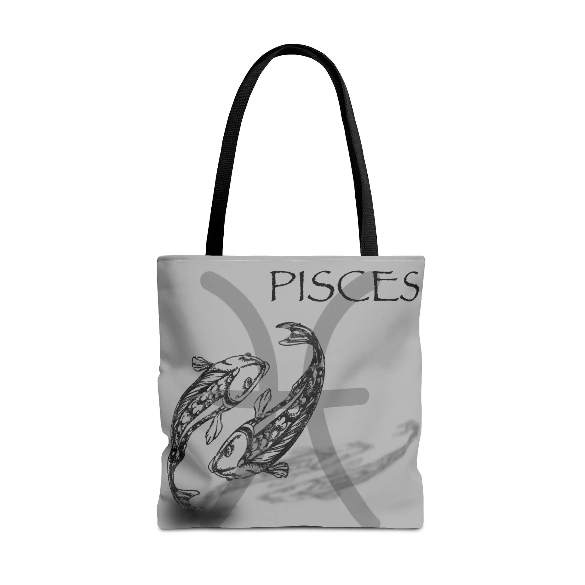 Pisces Zodiac Tote Bag - Front view showing the fish emblem on a gray canvas.