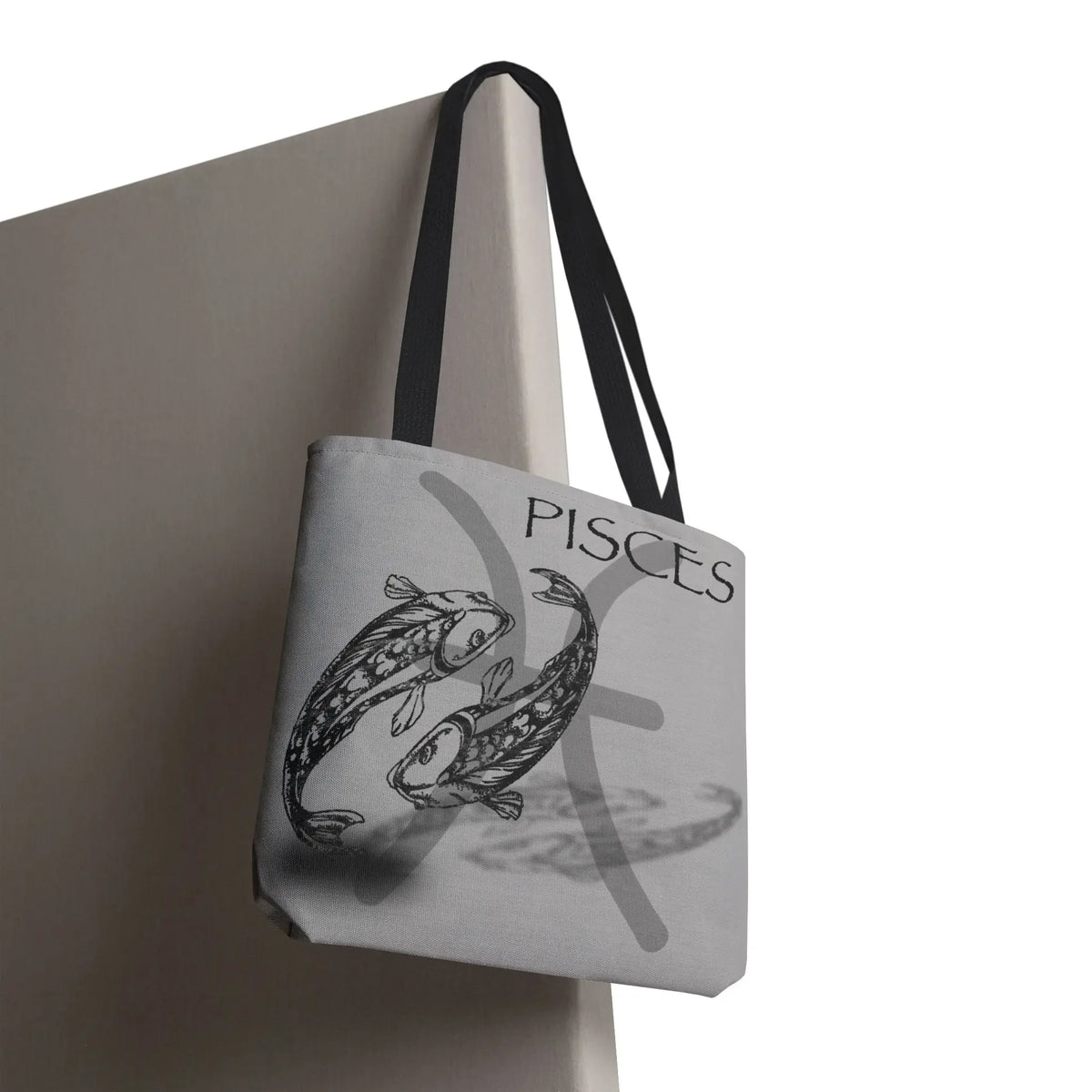Pisces zodiac tote bag with twin fish design, astrology-themed canvas shoulder bag for spiritual enthusiasts