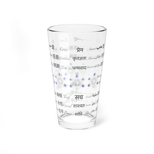 Power of Words Pint Glass showing multilingual text and a central Metatron's Cube band.