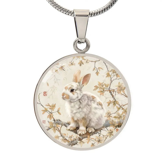 Silver Chinese Zodiac 'Year of the Rabbit' Pendant Necklace on a white background.