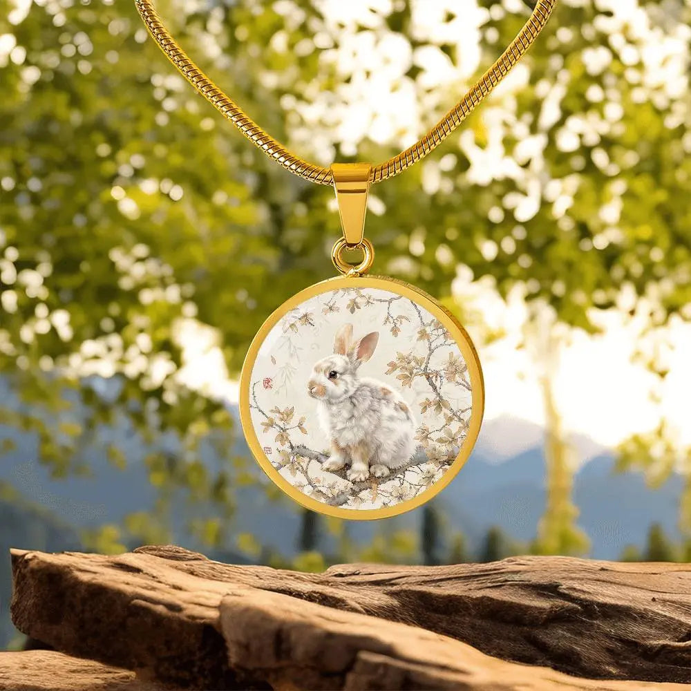 Gold 'Year of the Rabbit' Necklace shown in a lifestyle setting.