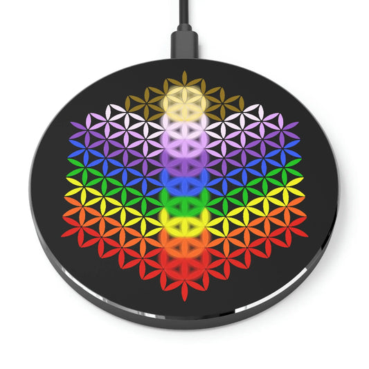 Flower of Life Chakra Wireless Charger on a white background, showing the full sacred geometry design.