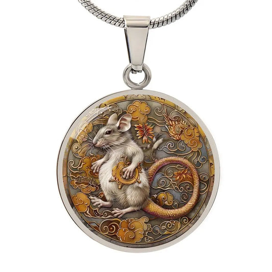 Silver Chinese Zodiac 'Year of the Rat' Pendant Necklace on a white background.