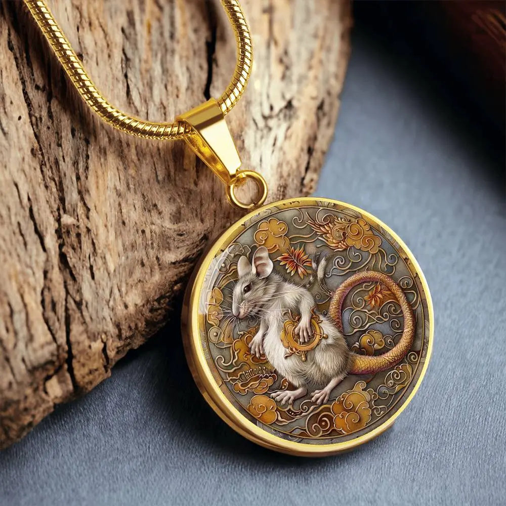 Gold 'Year of the Rat' Necklace shown in a lifestyle setting.