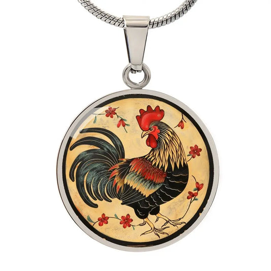 Silver Chinese Zodiac 'Year of the Rooster' Pendant Necklace on a white background.