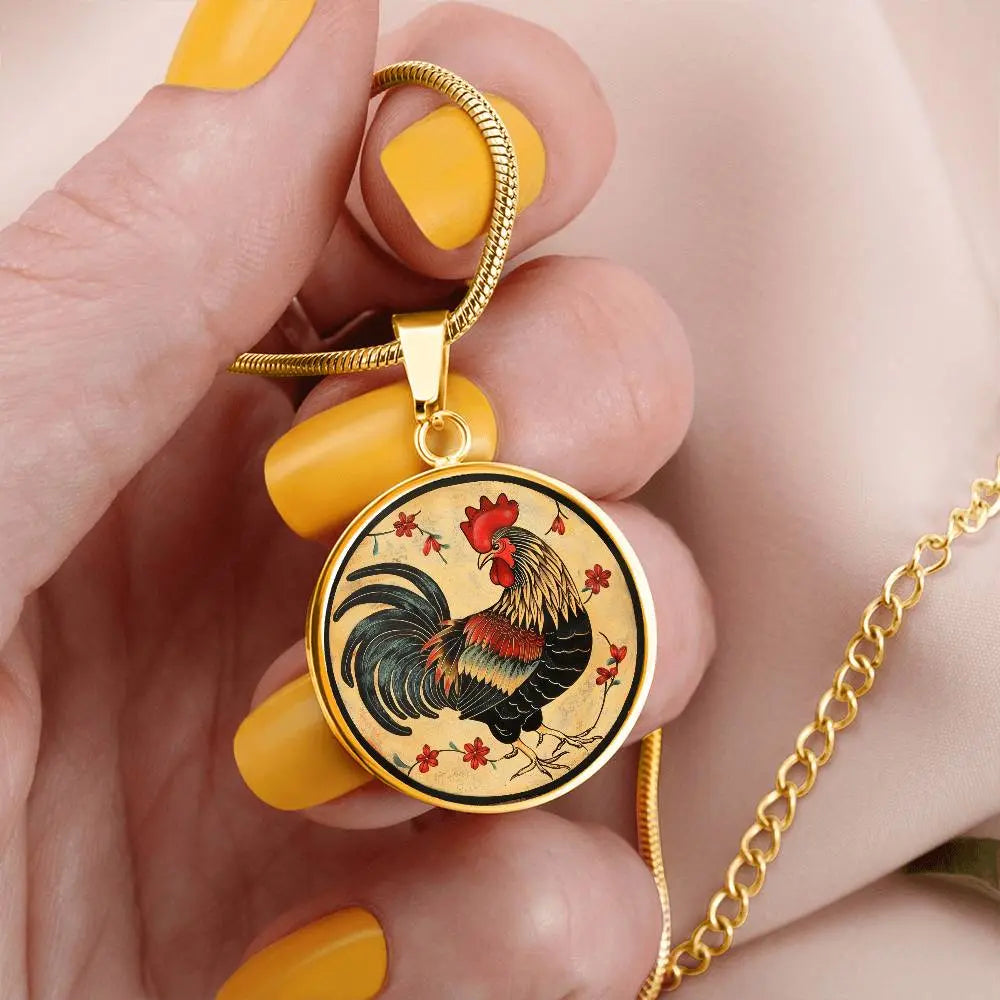 Gold 'Year of the Rooster' Necklace shown in a lifestyle setting.
