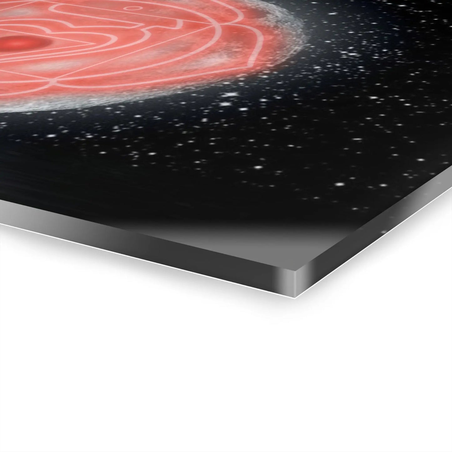 Close-up of the rounded corners and 1/4-inch depth of the Root Chakra acrylic wall art.