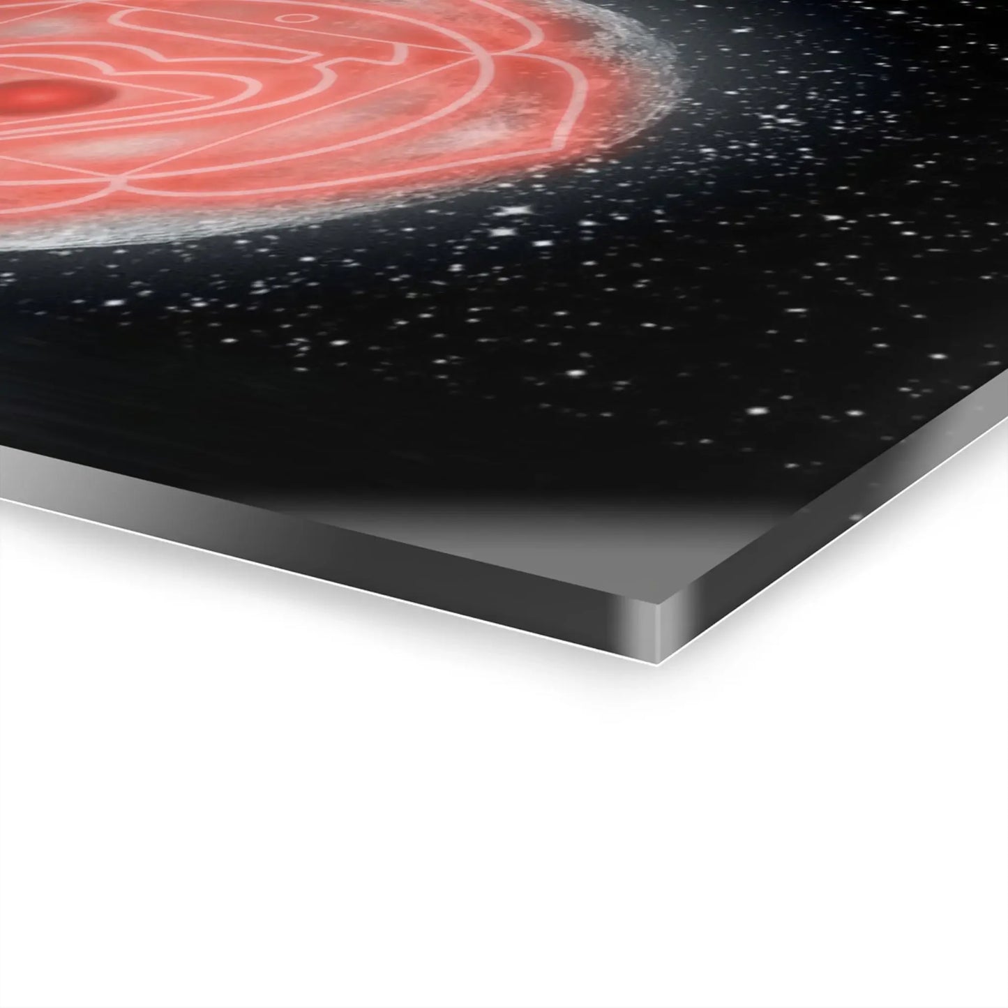 Close-up of the rounded corners and 1/4-inch depth of the Root Chakra acrylic wall art.
