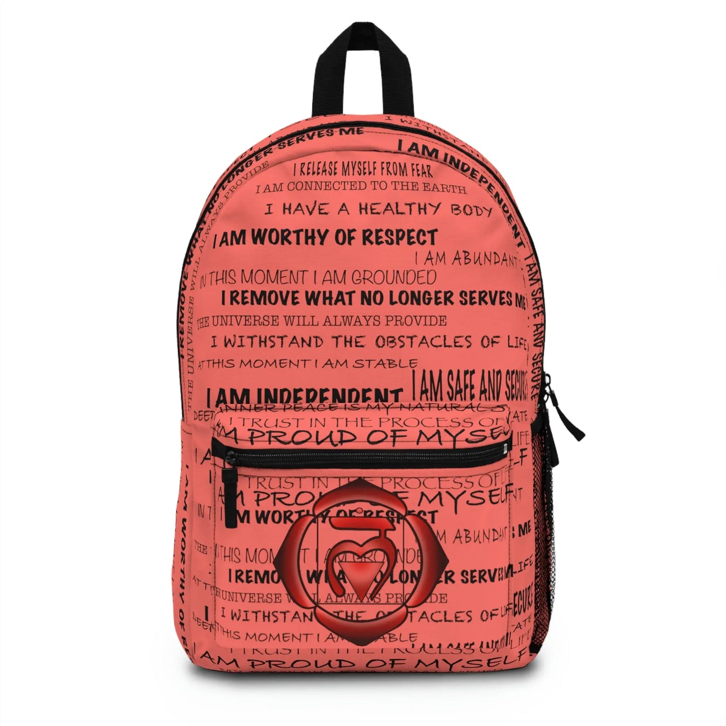 Red Root Chakra Affirmations Backpack - Front view showing affirmation print and chakra emblem.
