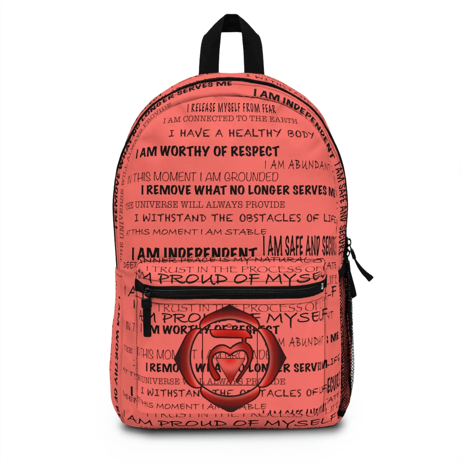 Red Root Chakra Affirmations Backpack - Front view showing affirmation print and chakra emblem.
