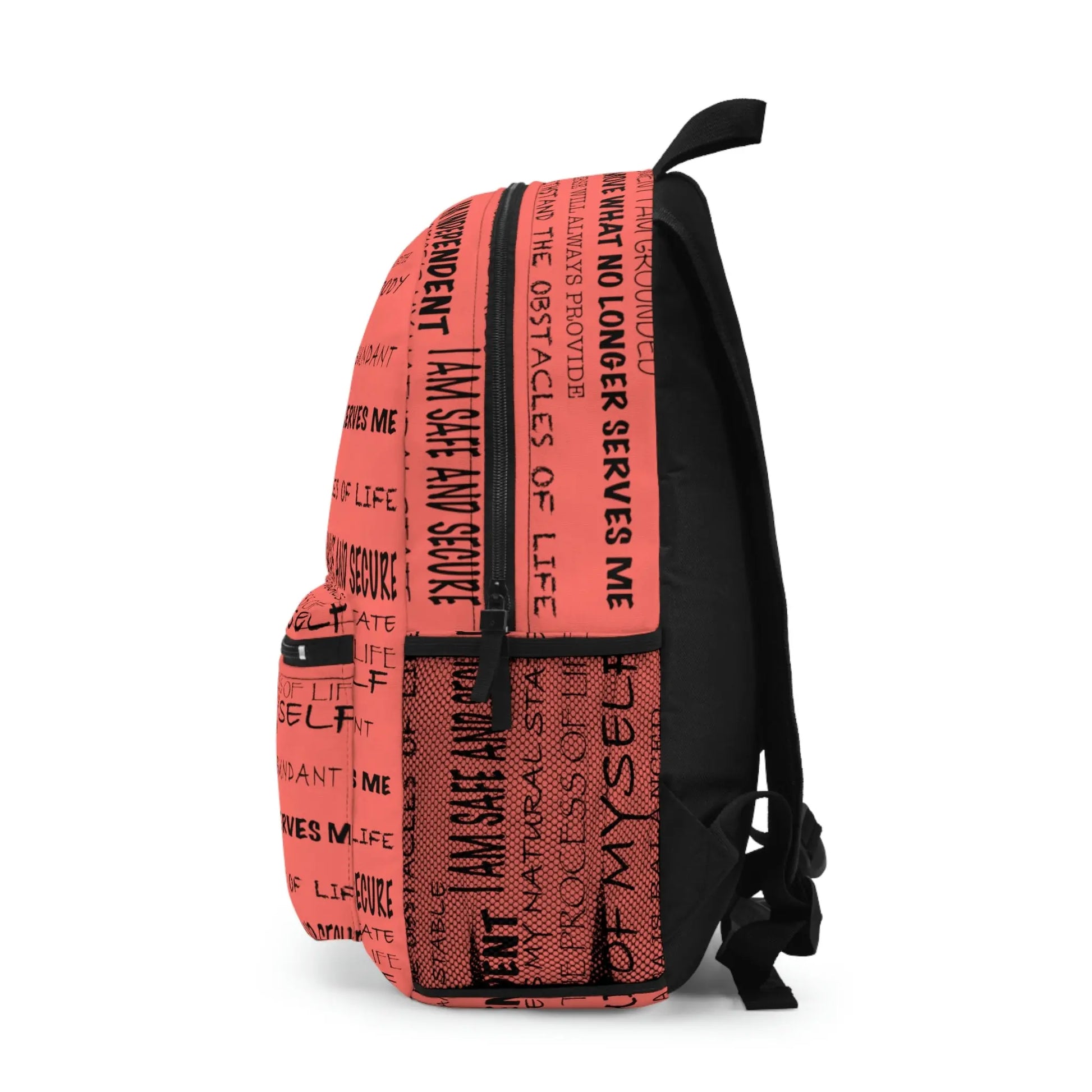 Red Root Chakra Affirmations Backpack - Left side profile showing the full affirmation print pattern.