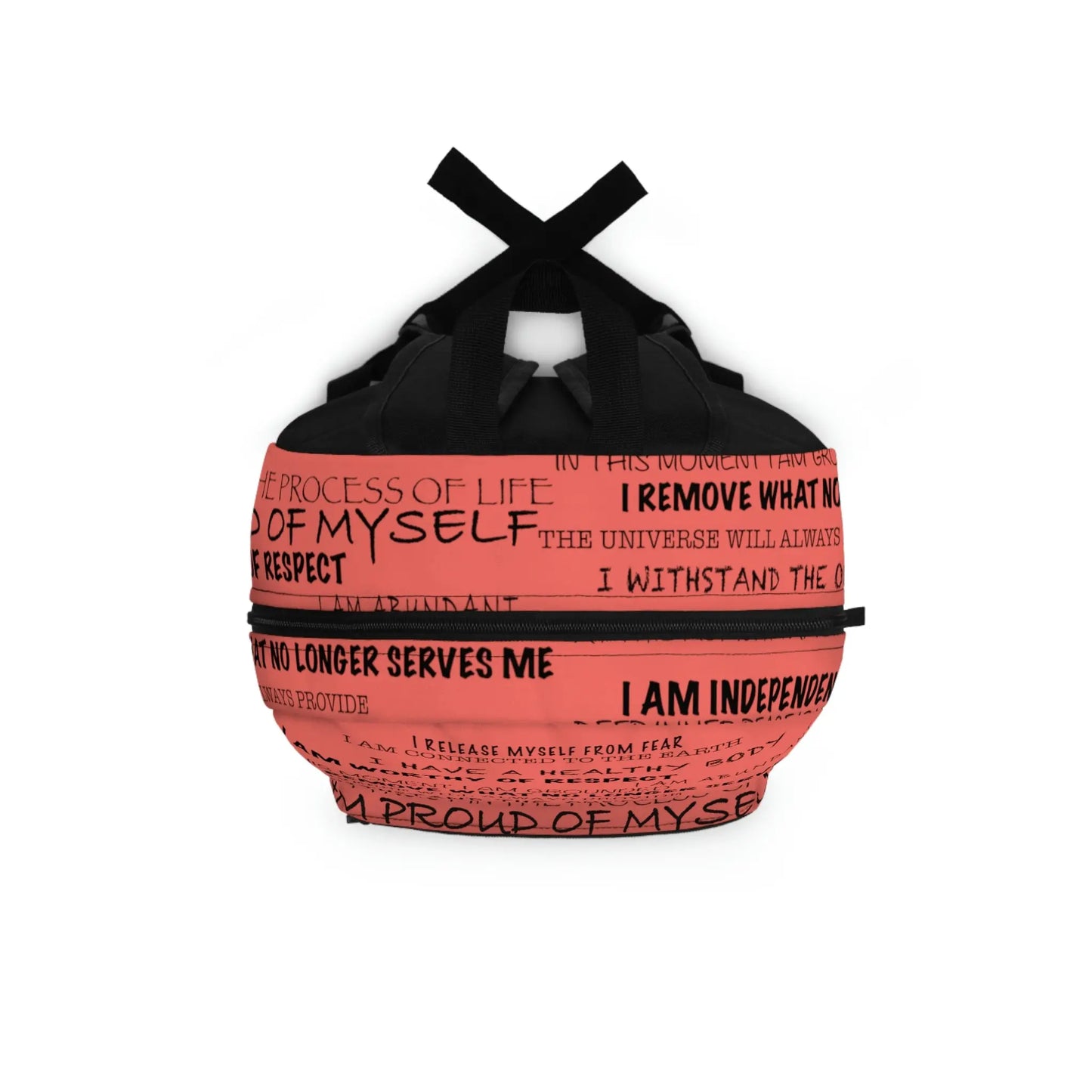 Top-down view of the red Root Chakra Affirmations Backpack, showing the main zipper opening.