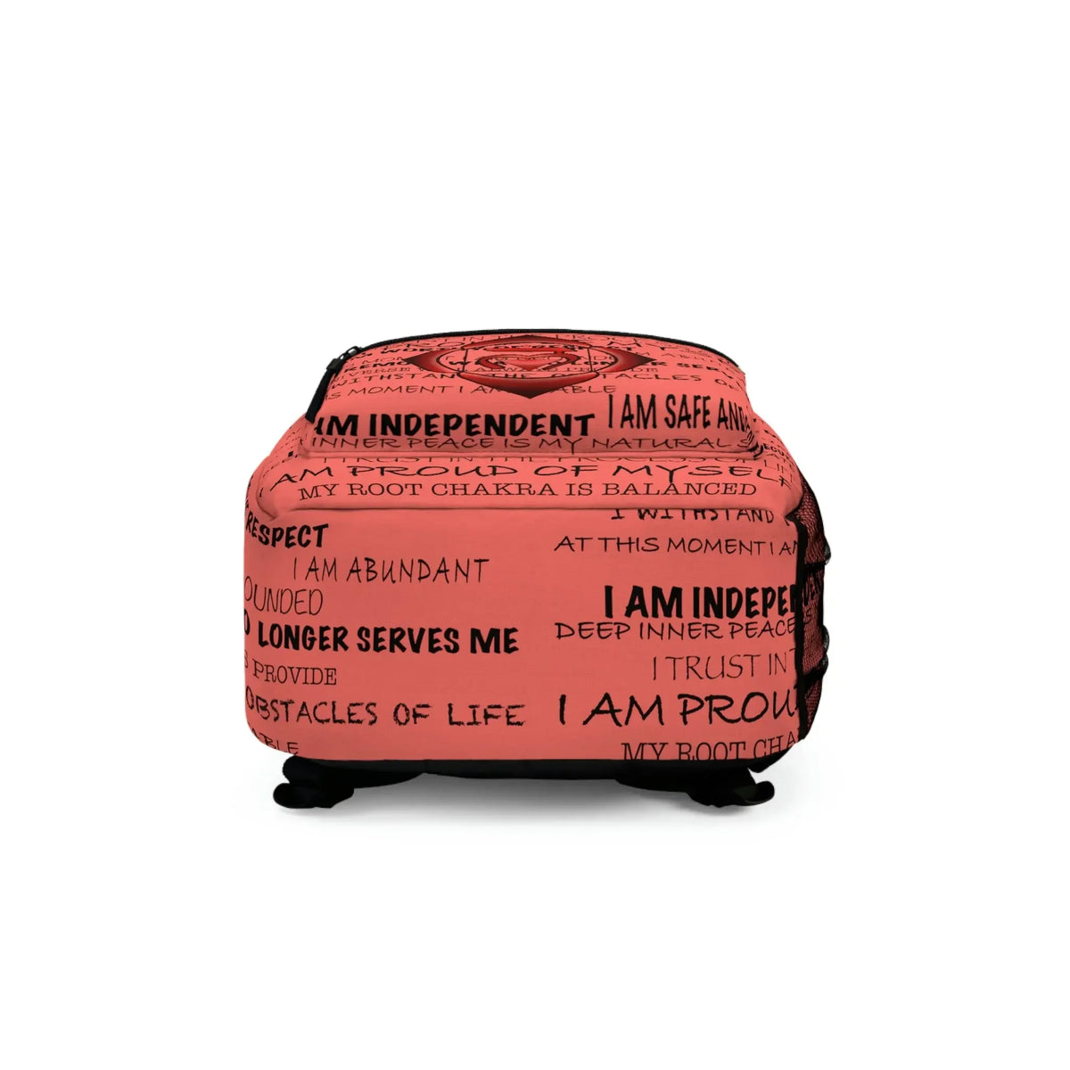 Pink root chakra affirmations backpack with 'I am independent' and 'my root chakra is balanced' text