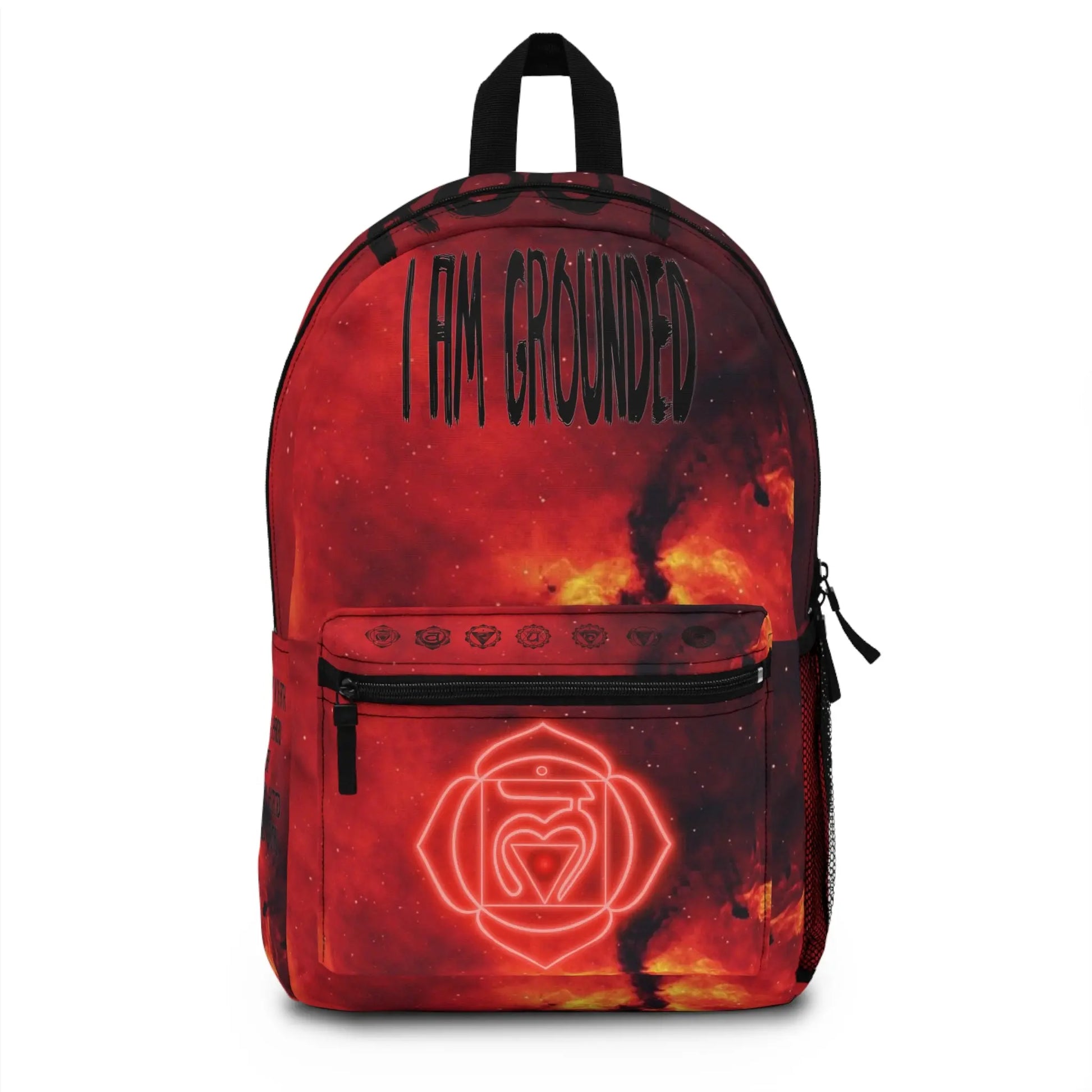 Red Root Chakra Cosmic Backpack - Front view showing the galaxy print and chakra emblem on the pocket.