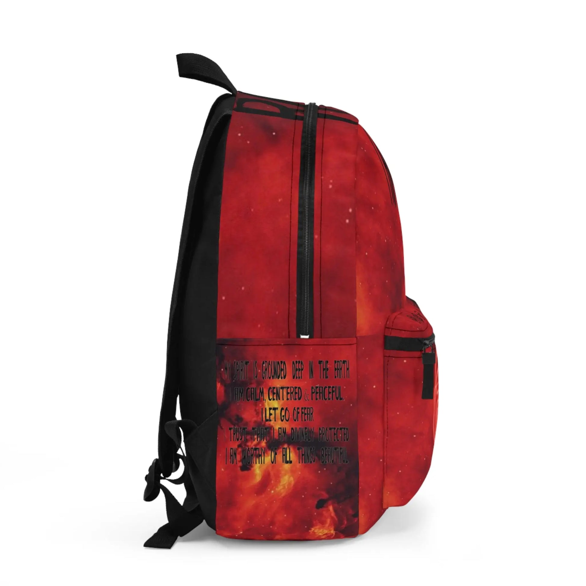 Red Root Chakra Cosmic Backpack - Right side profile showing the printed affirmation text on the side panel.