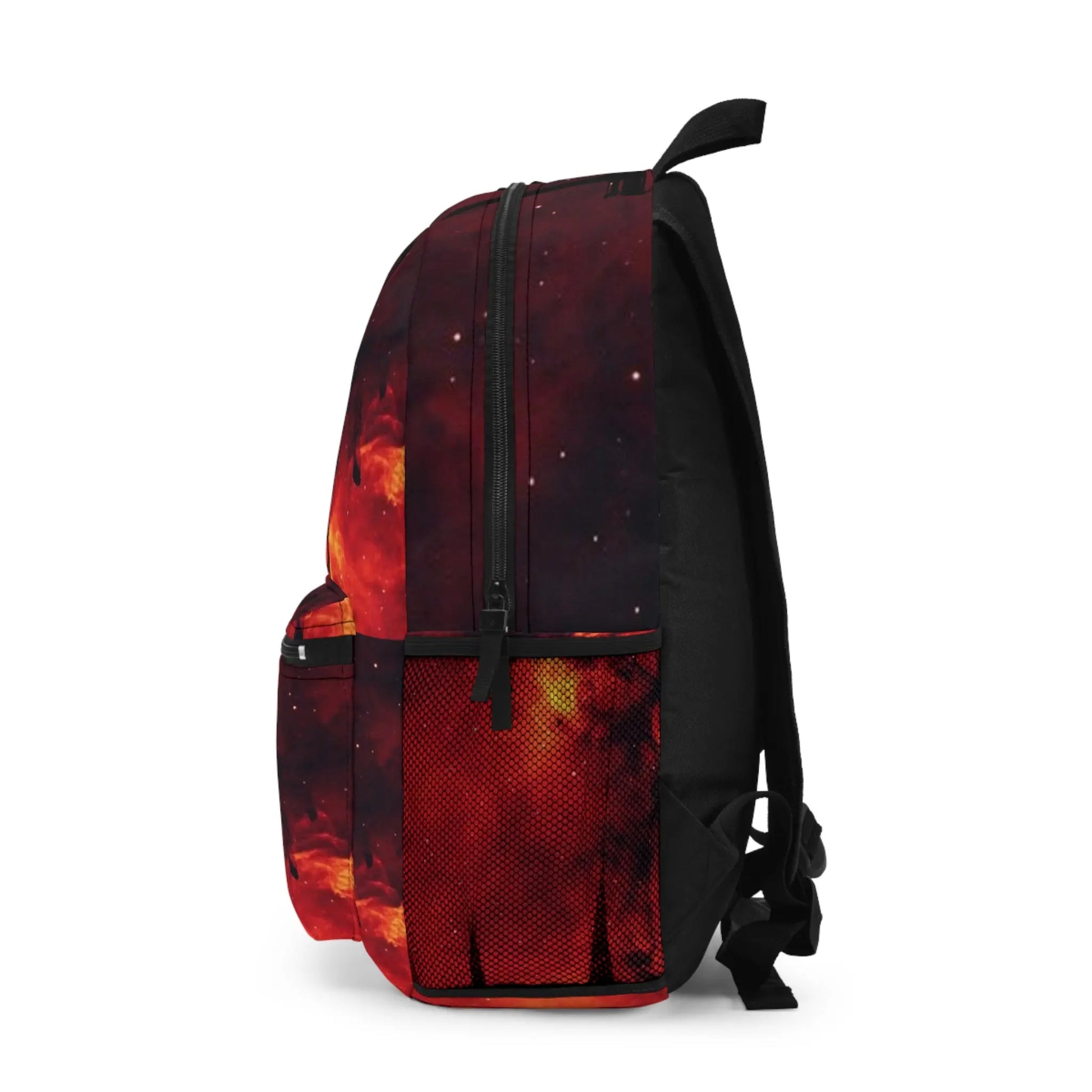 Red Root Chakra Cosmic Backpack - Left side profile showing the black side mesh pocket.