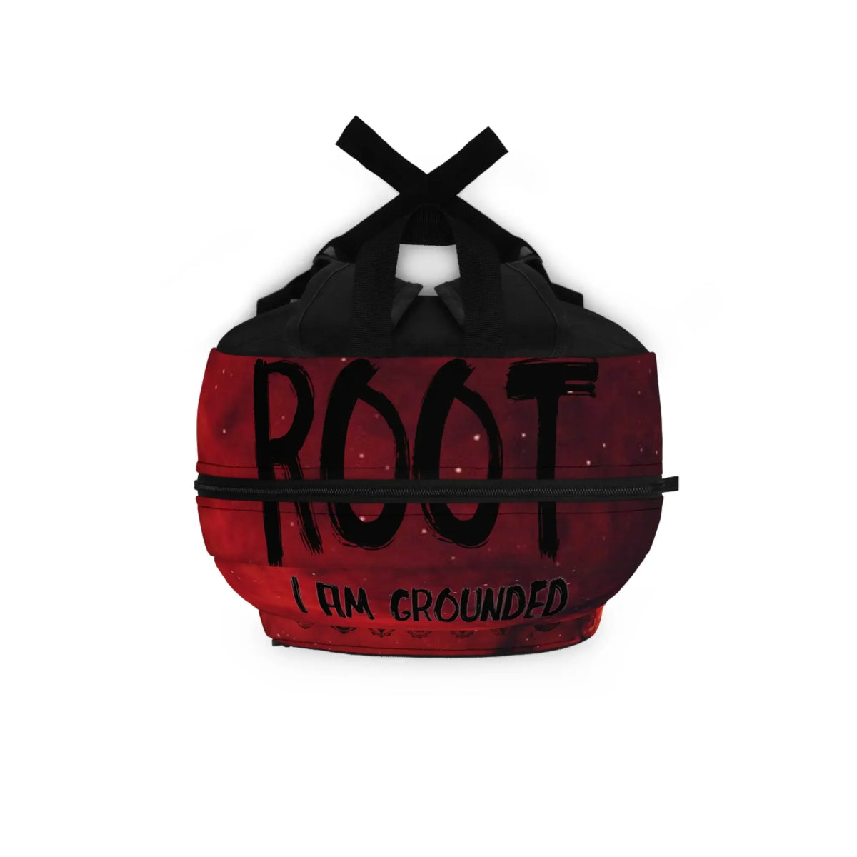Red chakra bag with 'ROOT I AM GROUNDED' text, black straps, cosmic design for spiritual grounding and energy balance