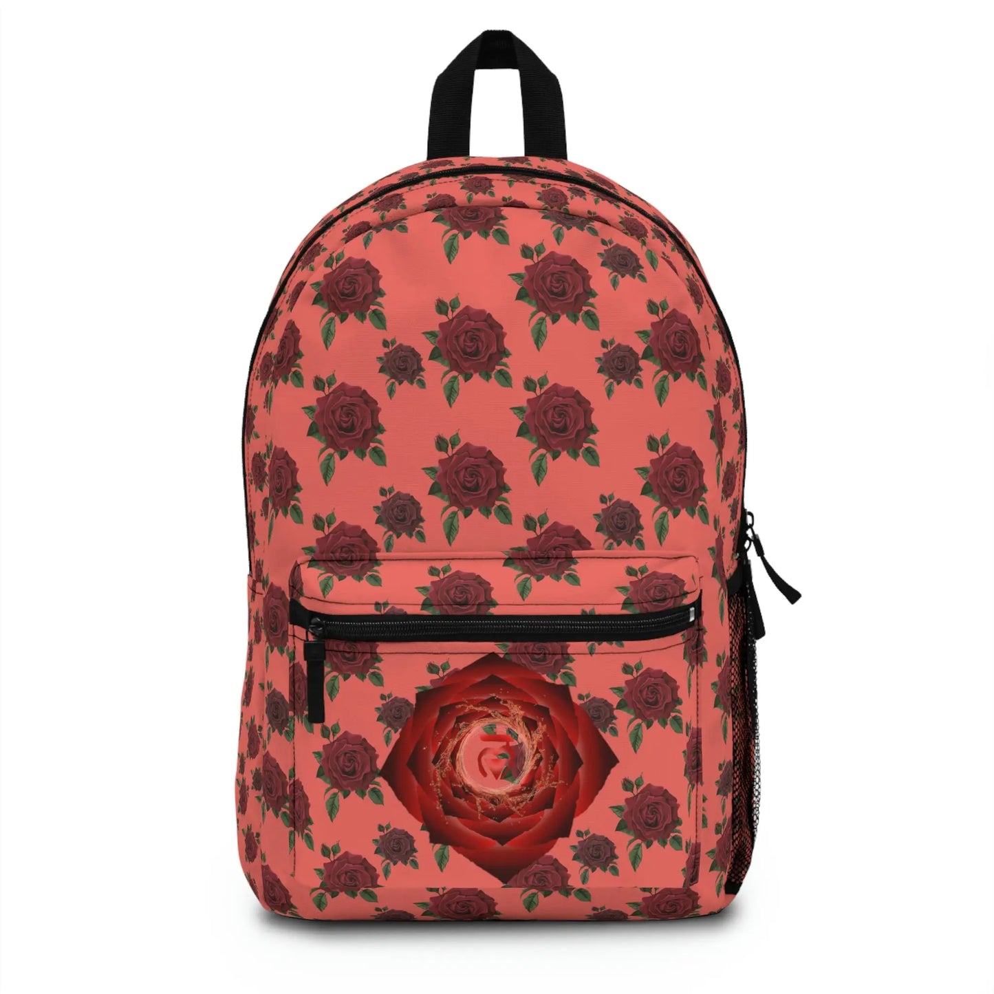 Red Root Chakra Backpack - Front view with an all-over rose print and floral chakra emblem on the pocket.