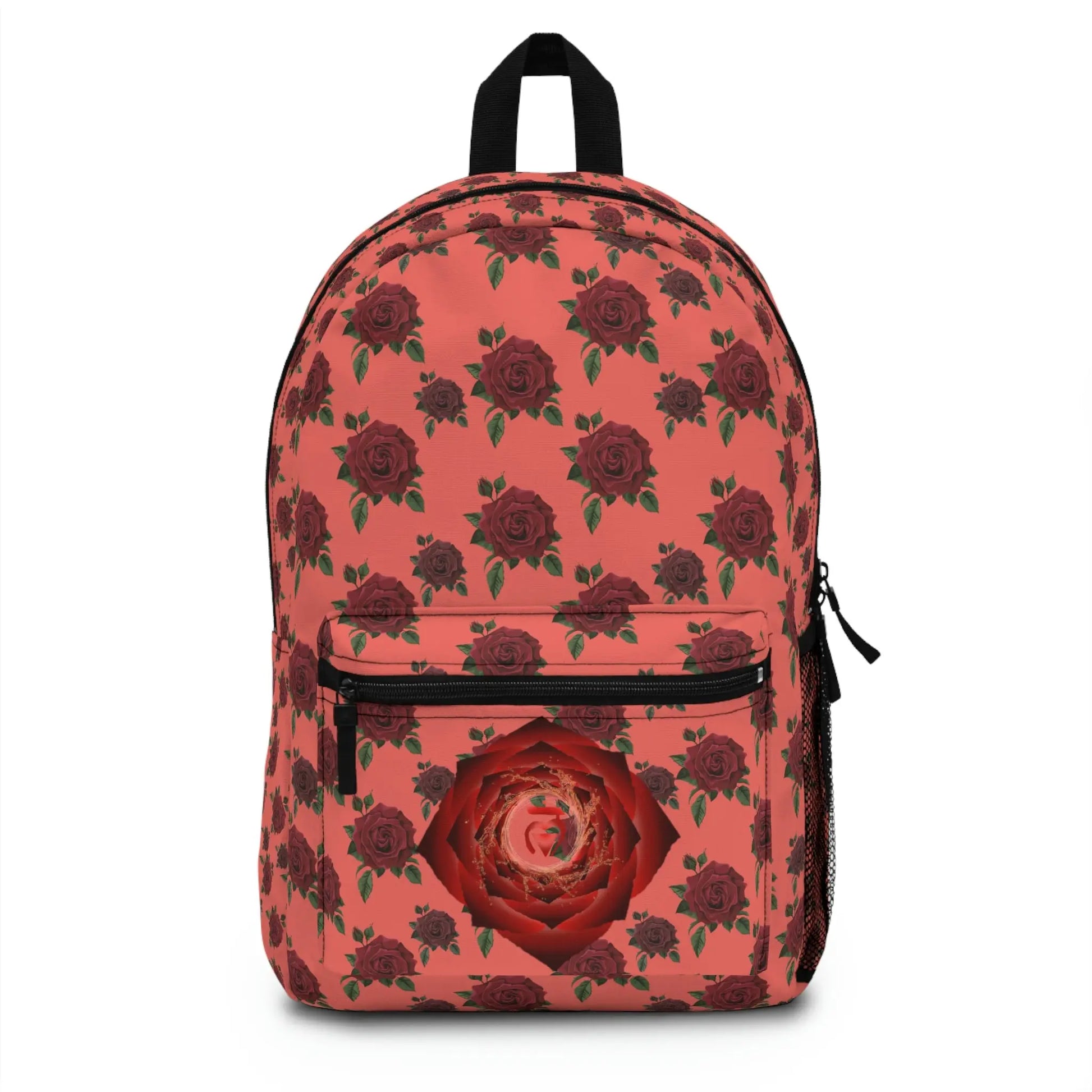 Red Root Chakra Backpack - Front view with an all-over rose print and floral chakra emblem on the pocket.