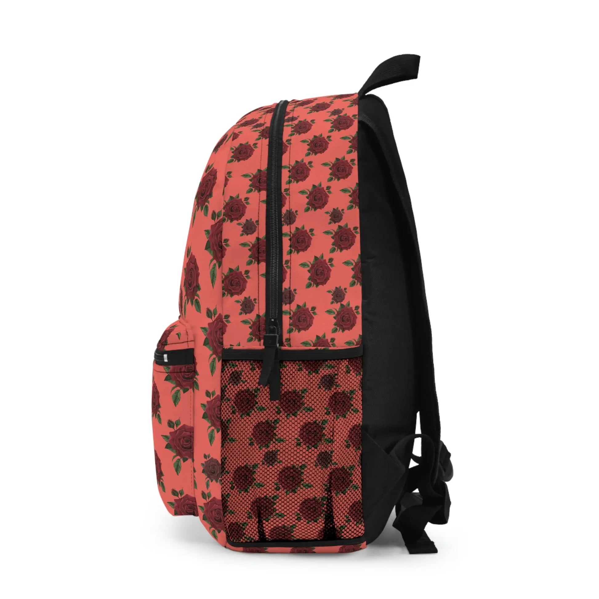 Red Root Chakra Backpack - Left side profile showing the full rose print pattern.