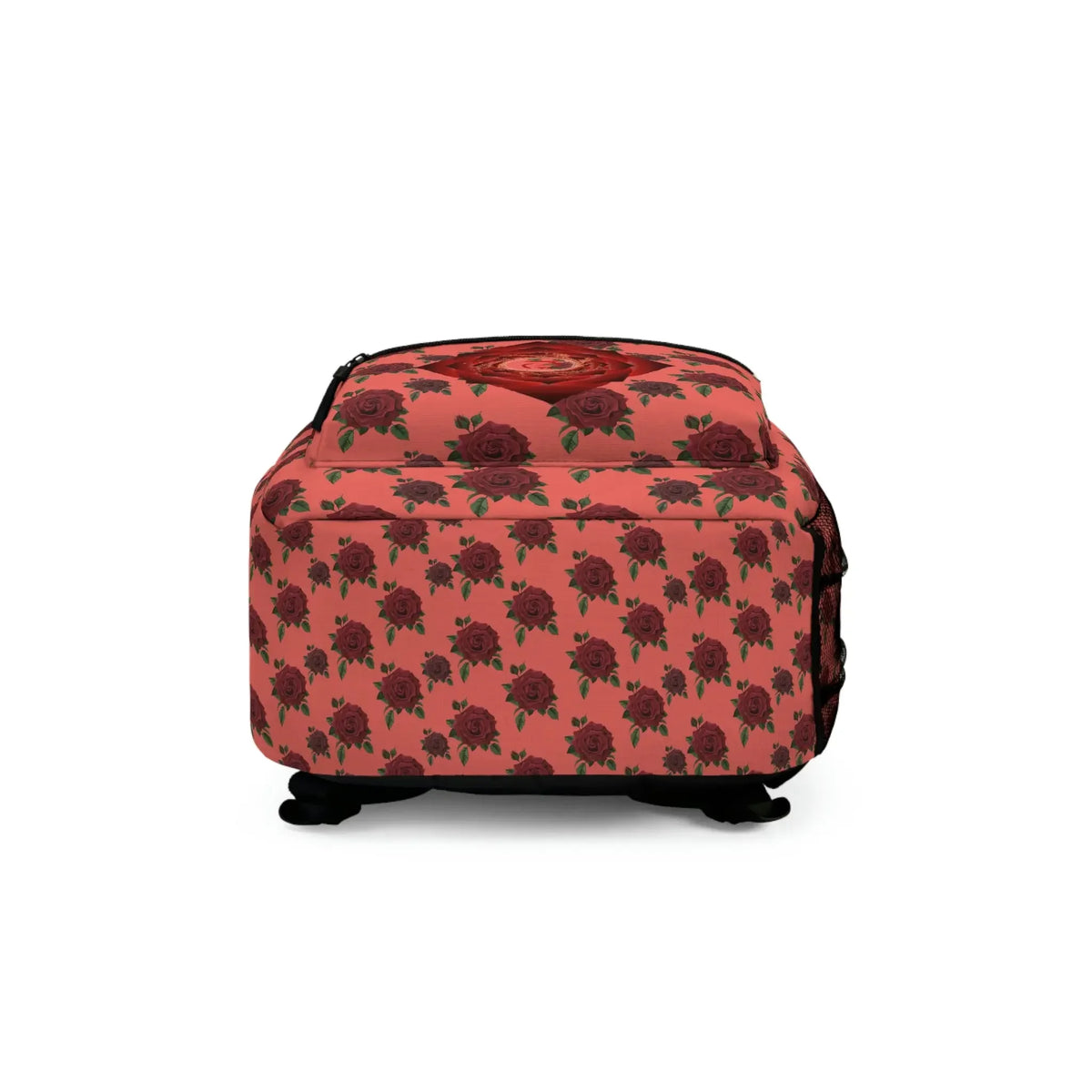 Pink rose patterned chakra backpack with red heart design, ideal for spiritual and holistic lifestyles.