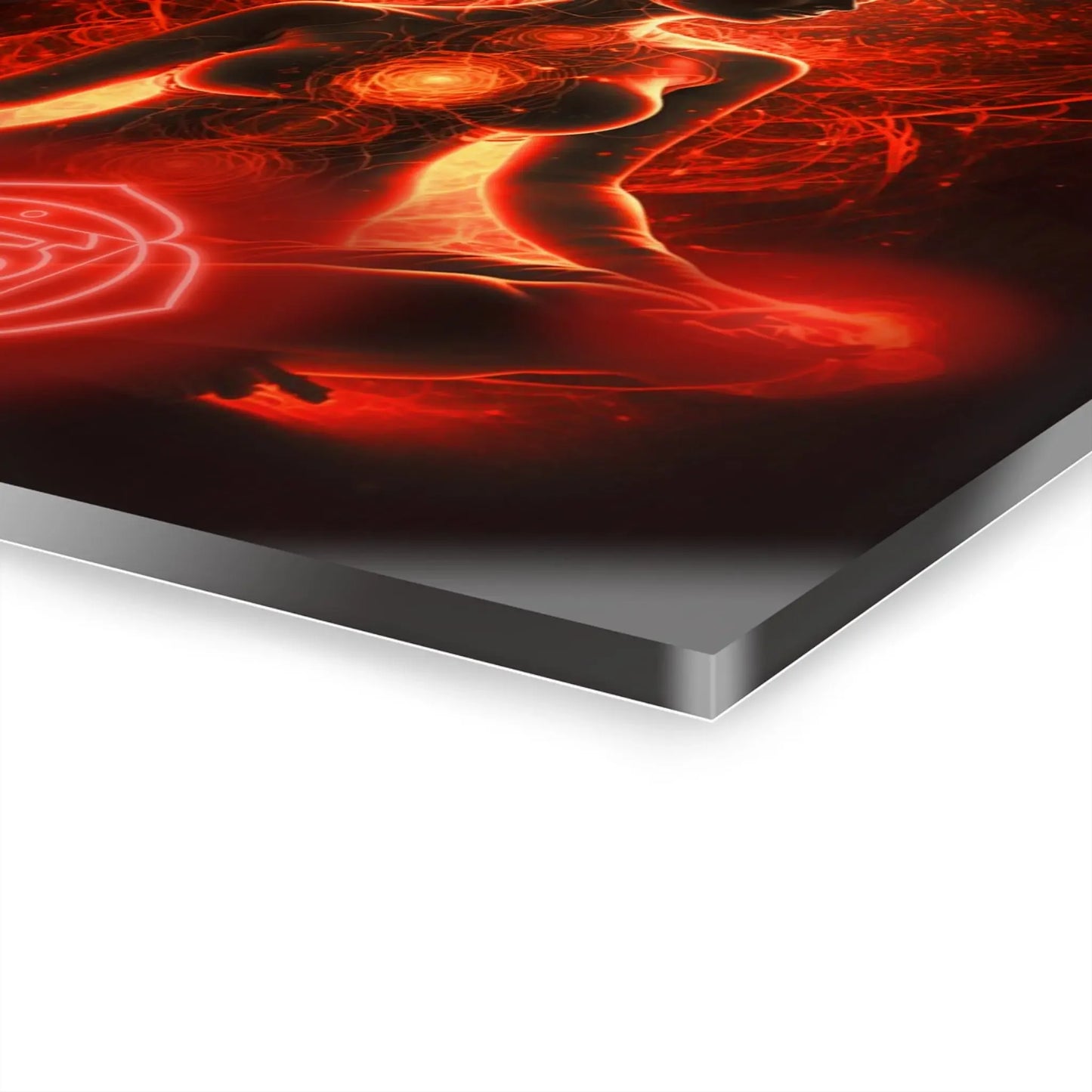 Vibrant red chakra energy art print on sleek acrylic panel, glowing with spiritual aura for holistic decor.