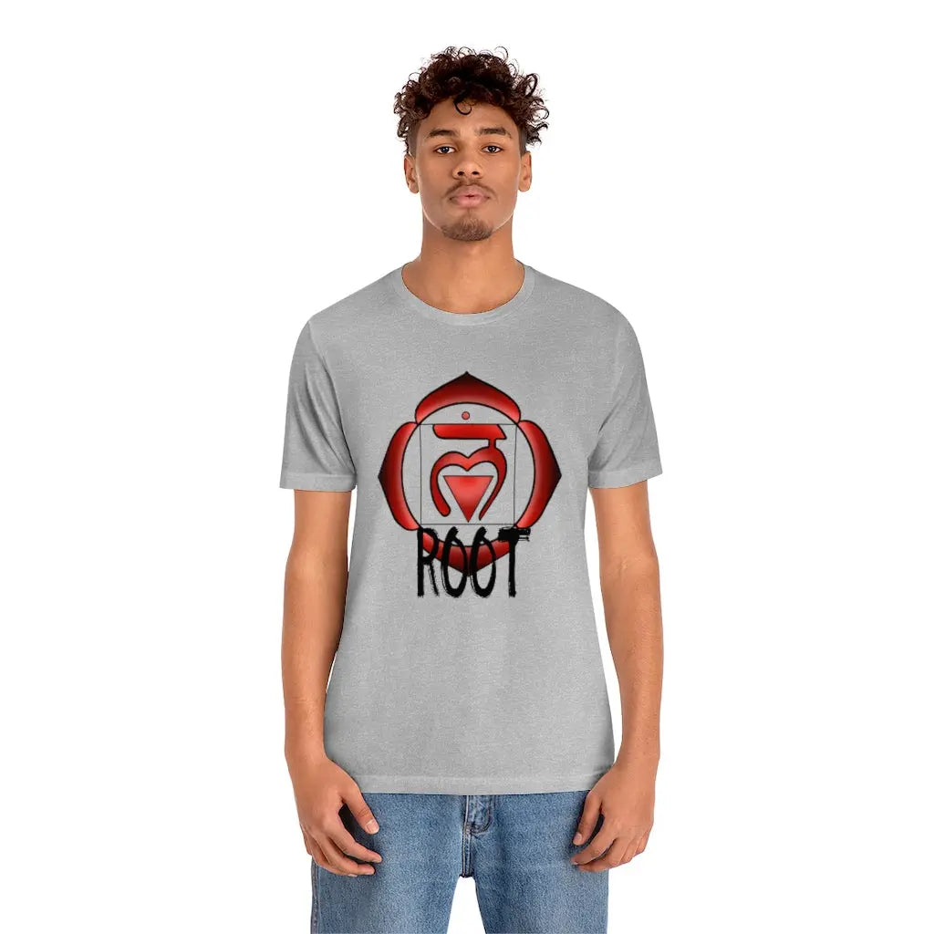 Male model wearing the Root Chakra T-Shirt in a natural setting, showcasing the relaxed fit.