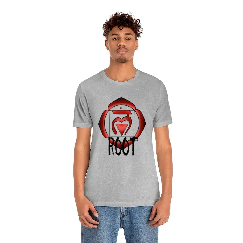 Gray t-shirt with red Root Chakra symbol and 'ROOT' text, spiritual energy apparel