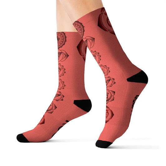 Model (On-Foot Fit): Model wearing the red Root Chakra Alignment Socks against a white background to show the on-foot fit and mid-calf length.