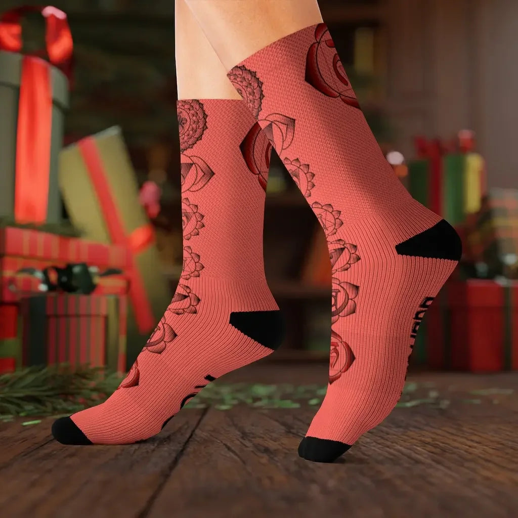 Coral chakra socks with rose and mandala designs, perfect for spiritual wellness and holistic energy