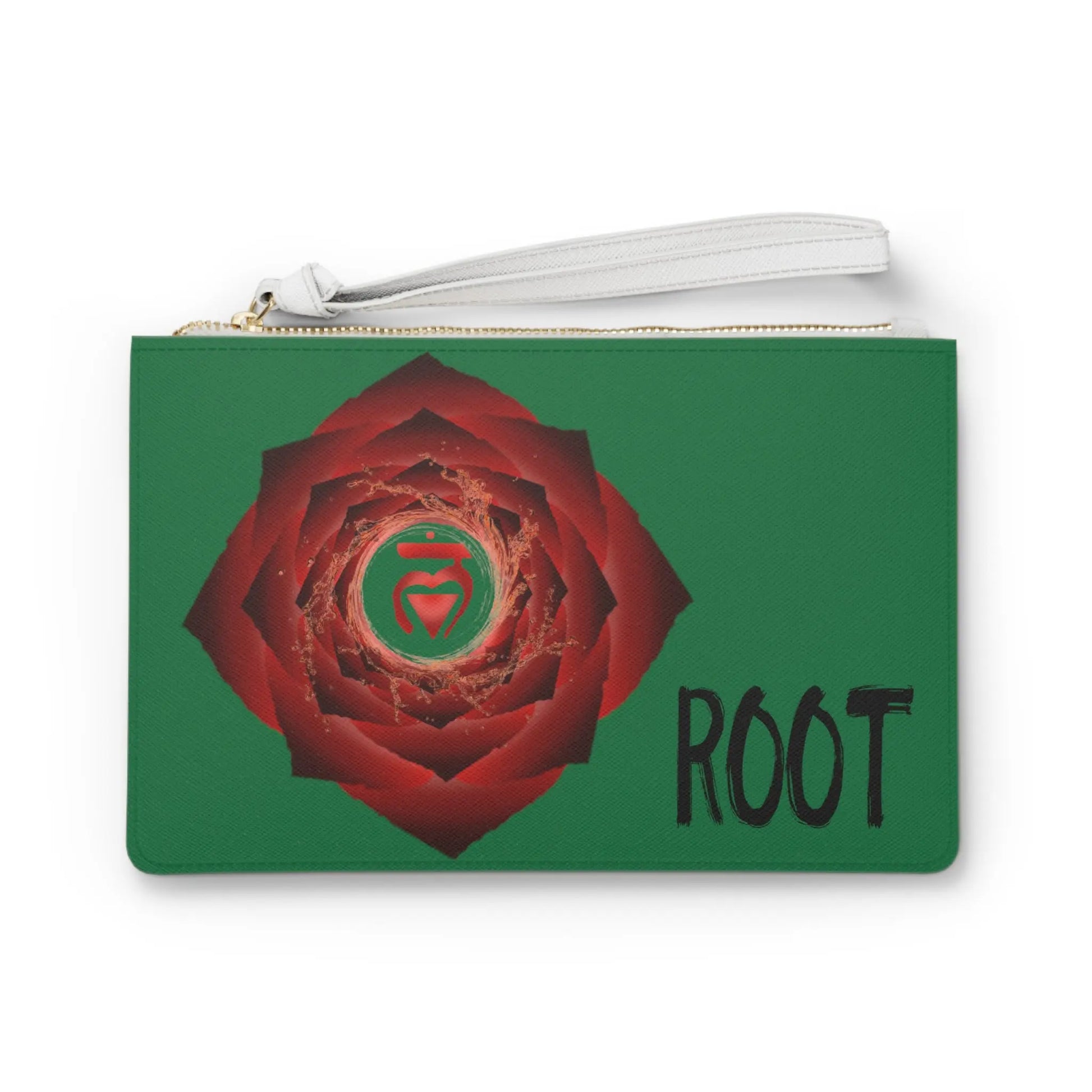 Root Chakra Clutch - Front view of green vegan leather purse with red Root Chakra symbol print.
