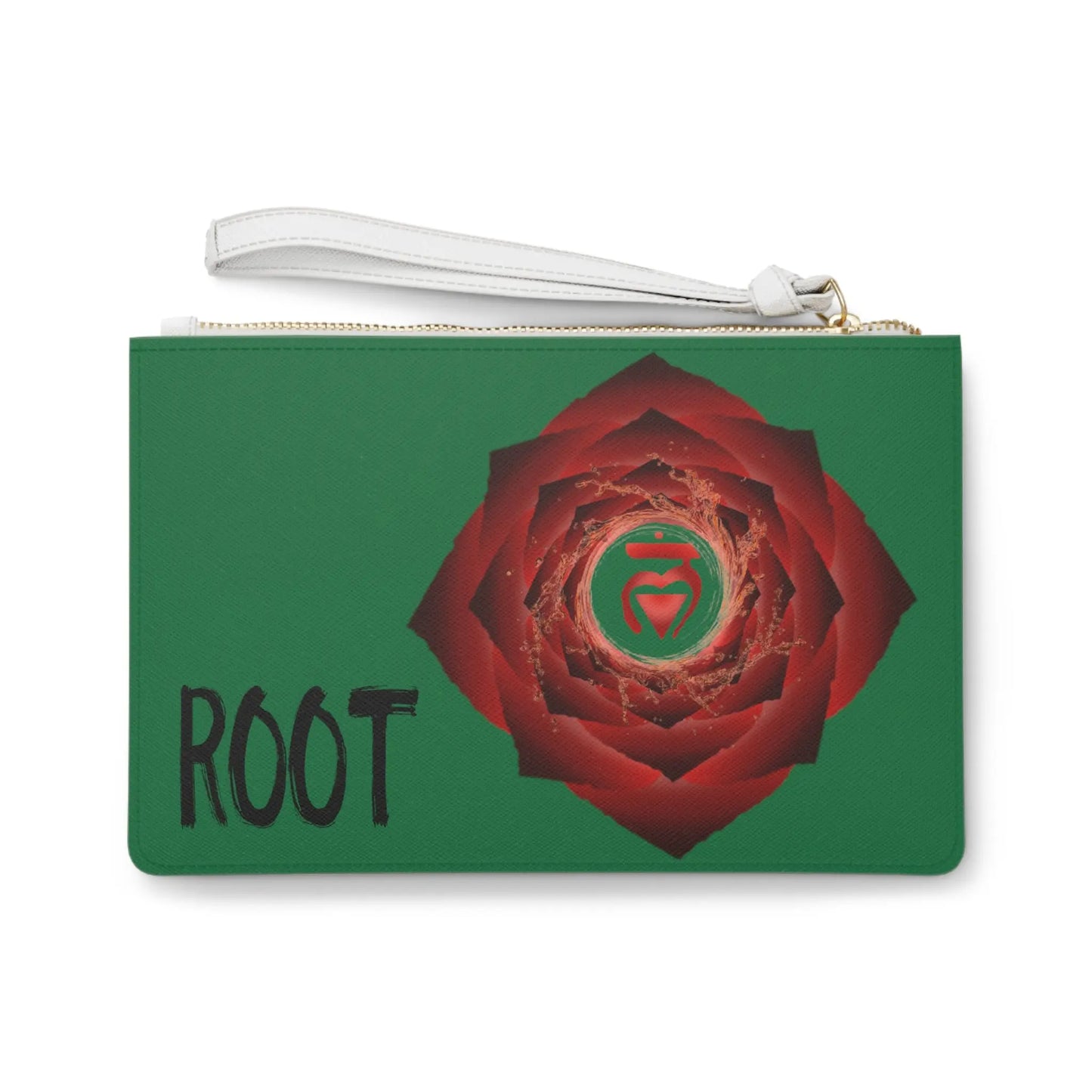 Root Chakra Clutch - Back view of green vegan leather purse with red Root Chakra symbol print.