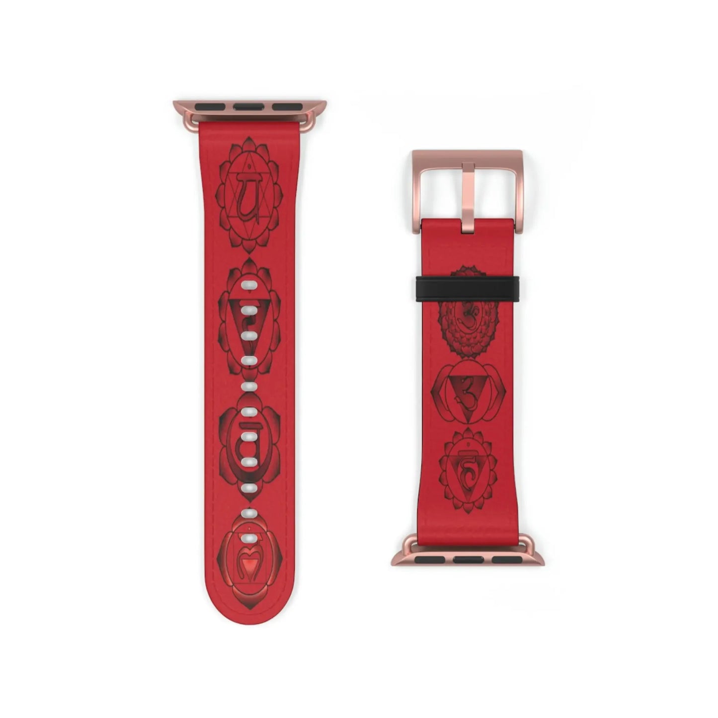 Red Apple Watch band with chakra symbols, rose gold buckle, spiritual energy design