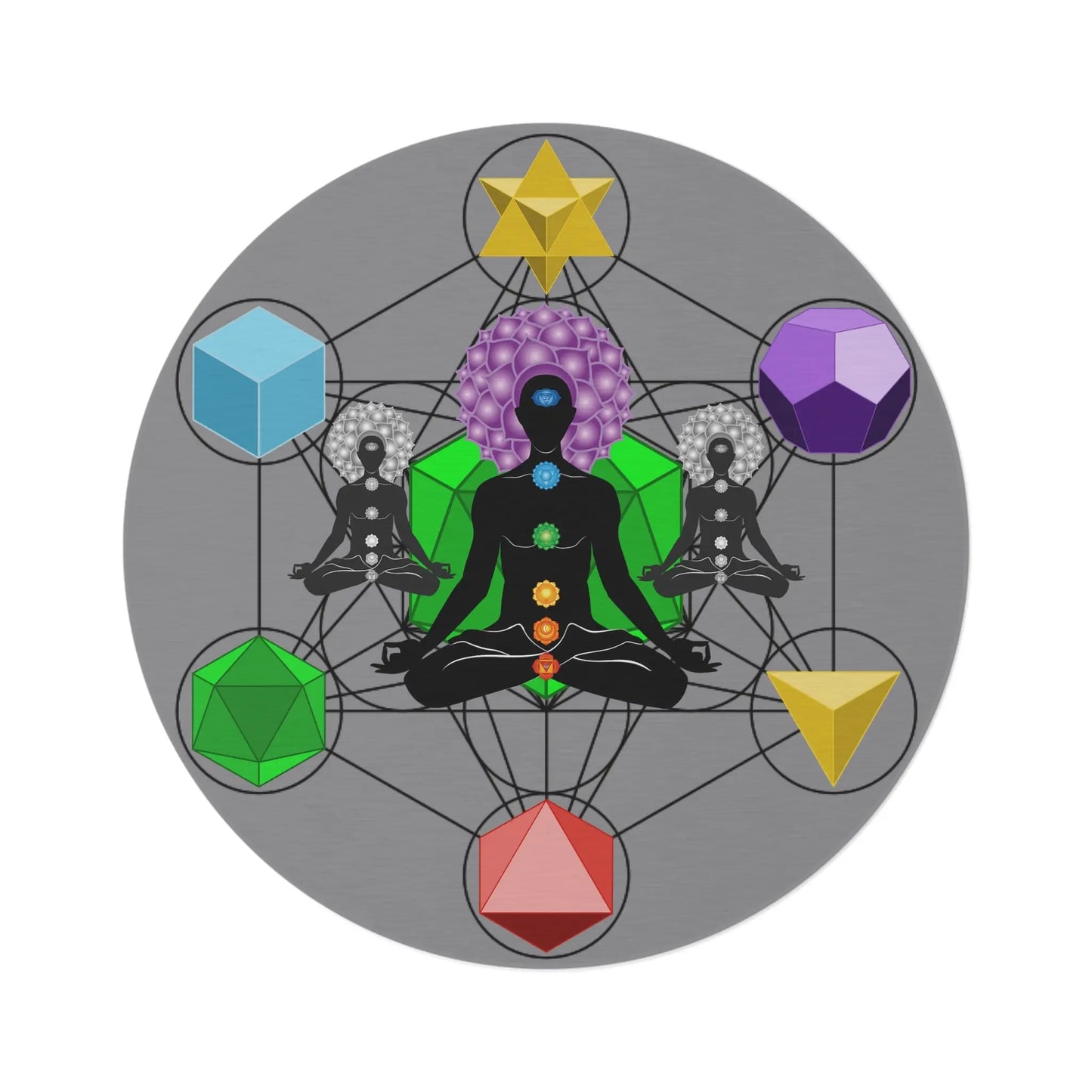 "Meditative Serenity" Round Rug on a white background, showing the full Metatron's Cube and chakra design.