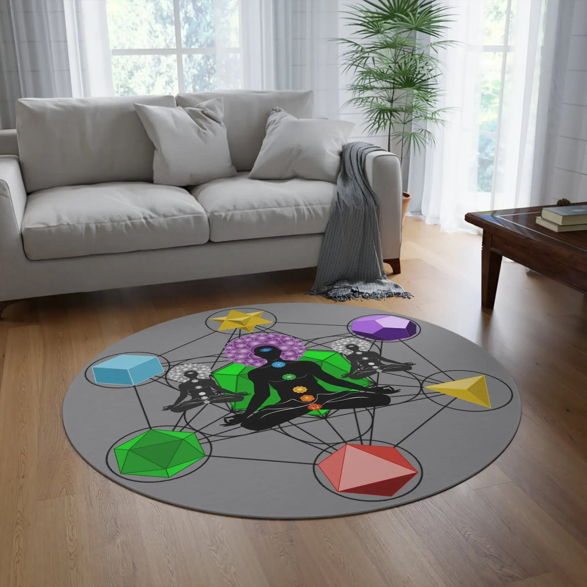 A different living room setting featuring the "Meditative Serenity" Round Rug as a centerpiece.