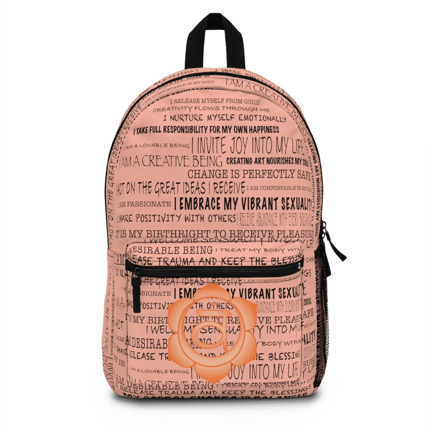 Orange Sacral Chakra Affirmations Backpack - Front view showing affirmation print and chakra emblem.