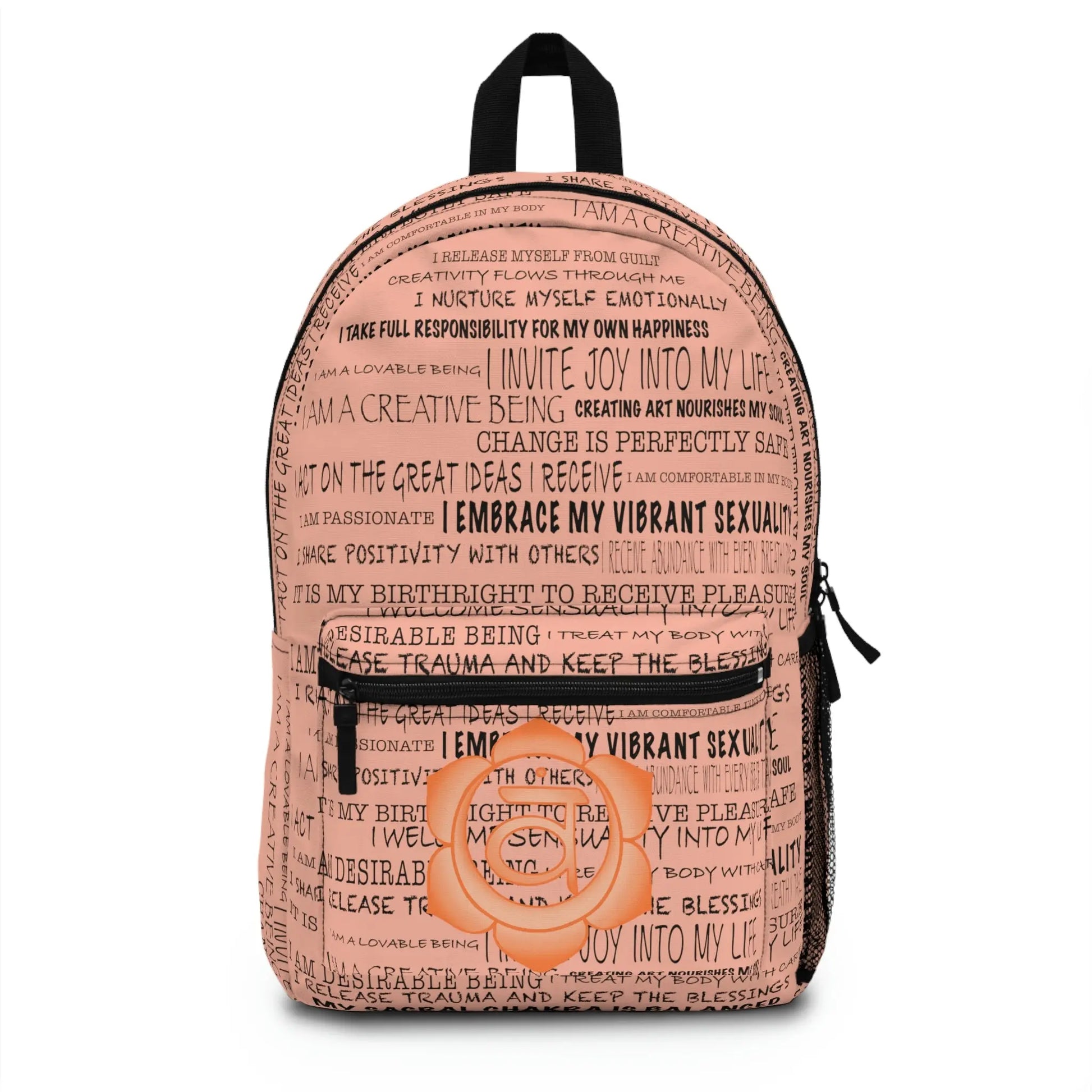 Orange Sacral Chakra Affirmations Backpack - Front view showing affirmation print and chakra emblem.