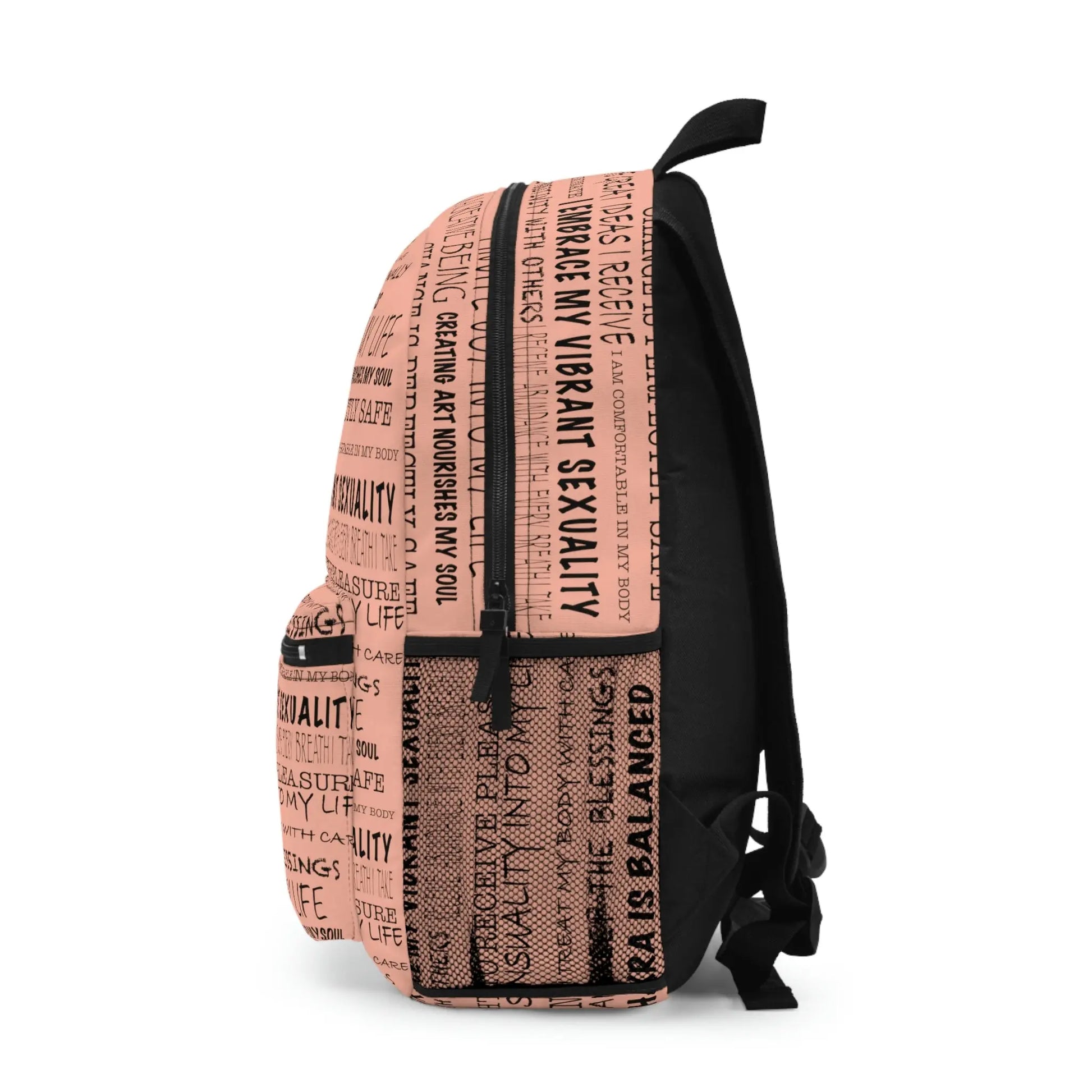Orange Sacral Chakra Affirmations Backpack - Left side profile showing the full affirmation print pattern.