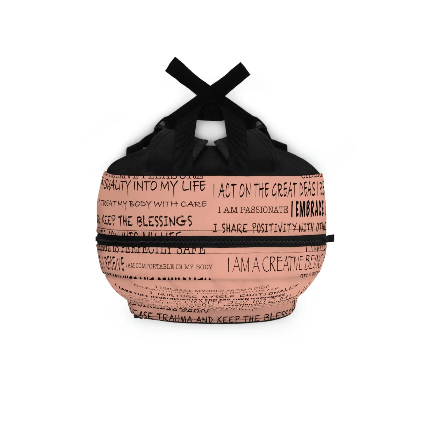 Top-down view of the orange Sacral Chakra Affirmations Backpack, showing the main zipper opening.