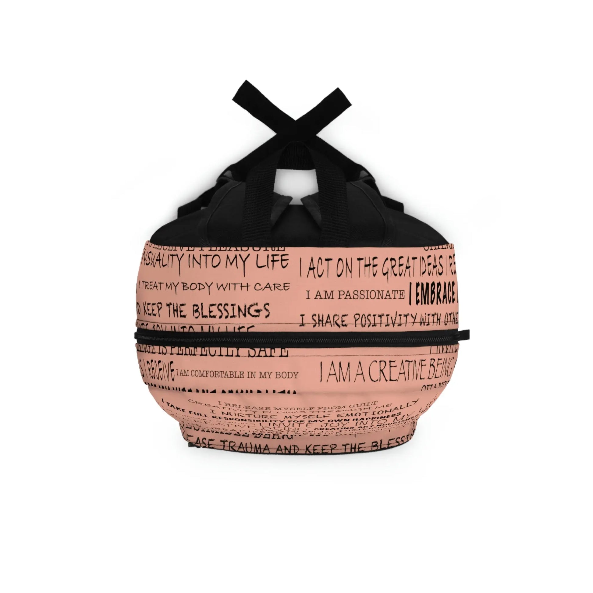 Top-down view of the orange Sacral Chakra Affirmations Backpack, showing the main zipper opening.