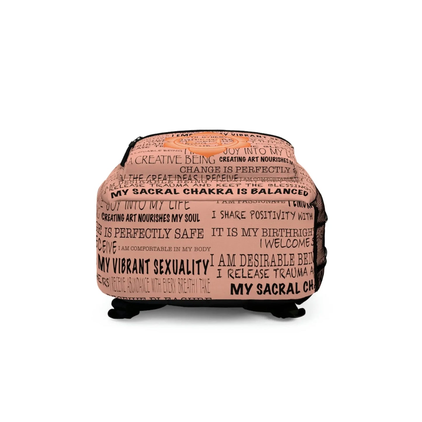 Sacral chakra affirmations backpack with pink print, promoting balanced energy and vibrant sexuality for holistic wellness.