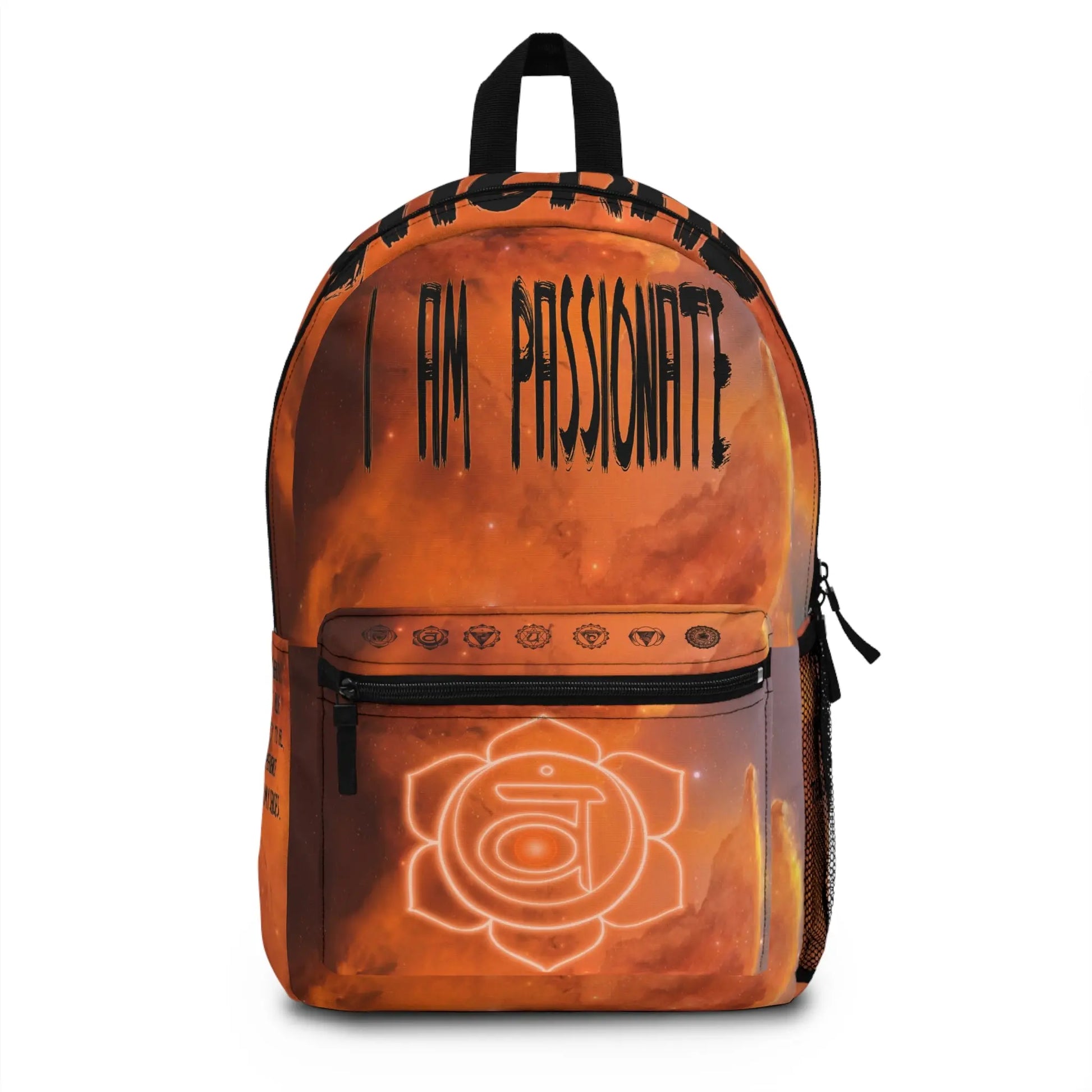 Orange Sacral Chakra Cosmic Backpack - Front view showing the galaxy print and chakra emblem on the pocket.