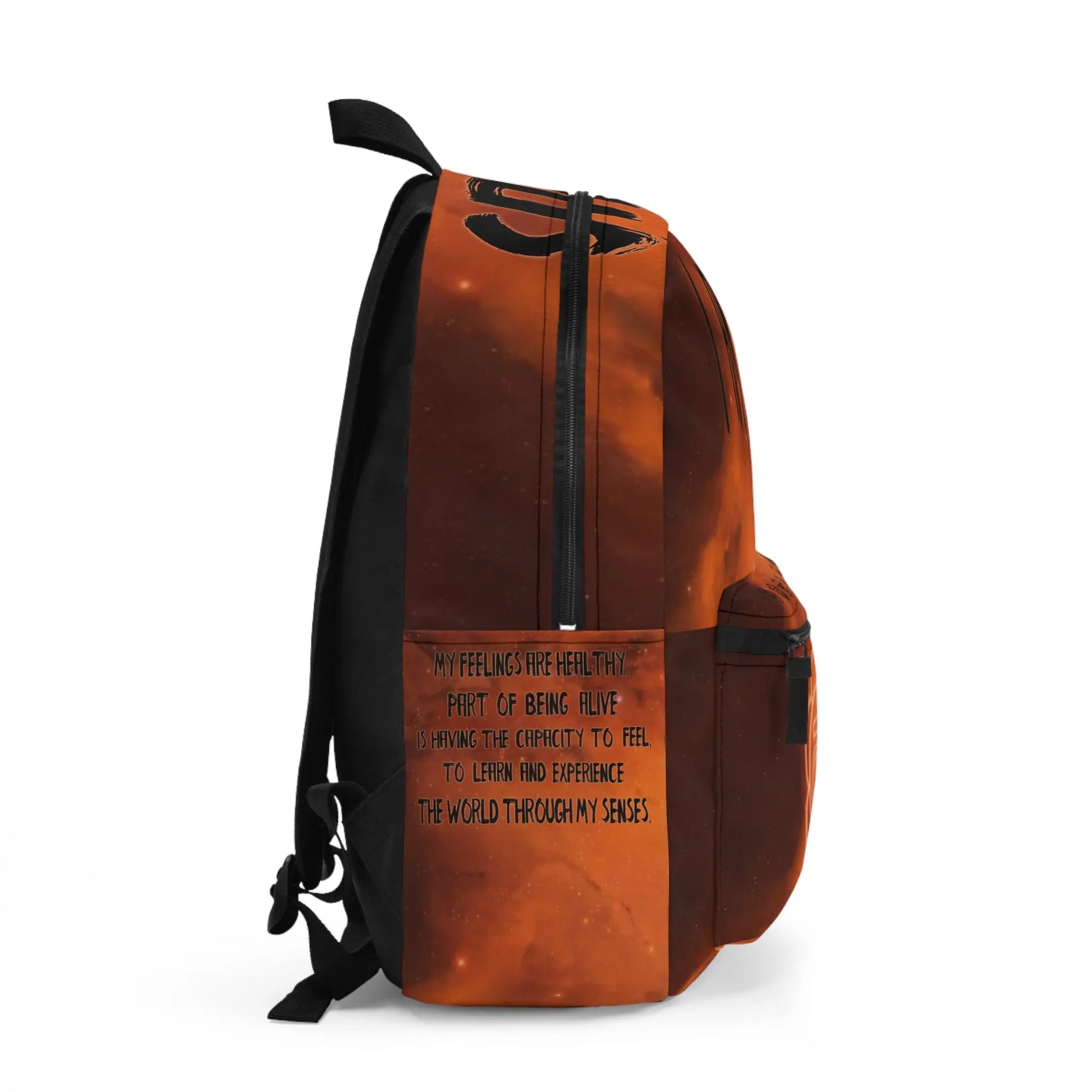 Orange Sacral Chakra Cosmic Backpack - Right side profile showing the printed affirmation text on the side panel.