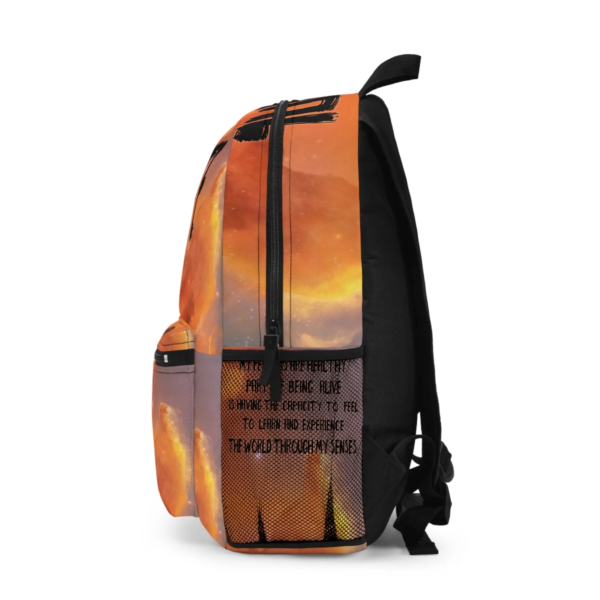 Orange Sacral Chakra Cosmic Backpack - Left side profile showing the black side mesh pocket.